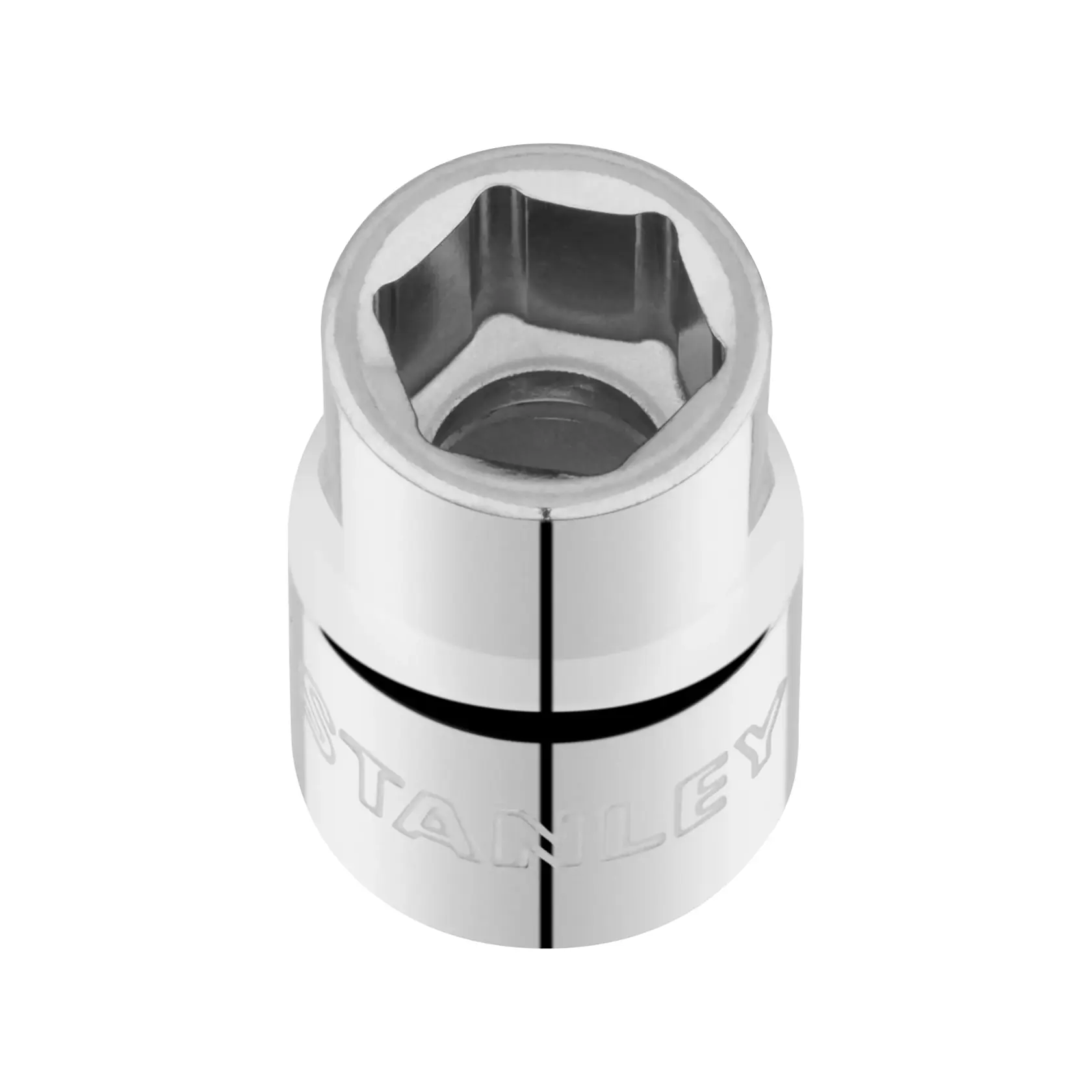 STANLEY STMT86305-0 chrome socket, tool accessory, top angle on white background.