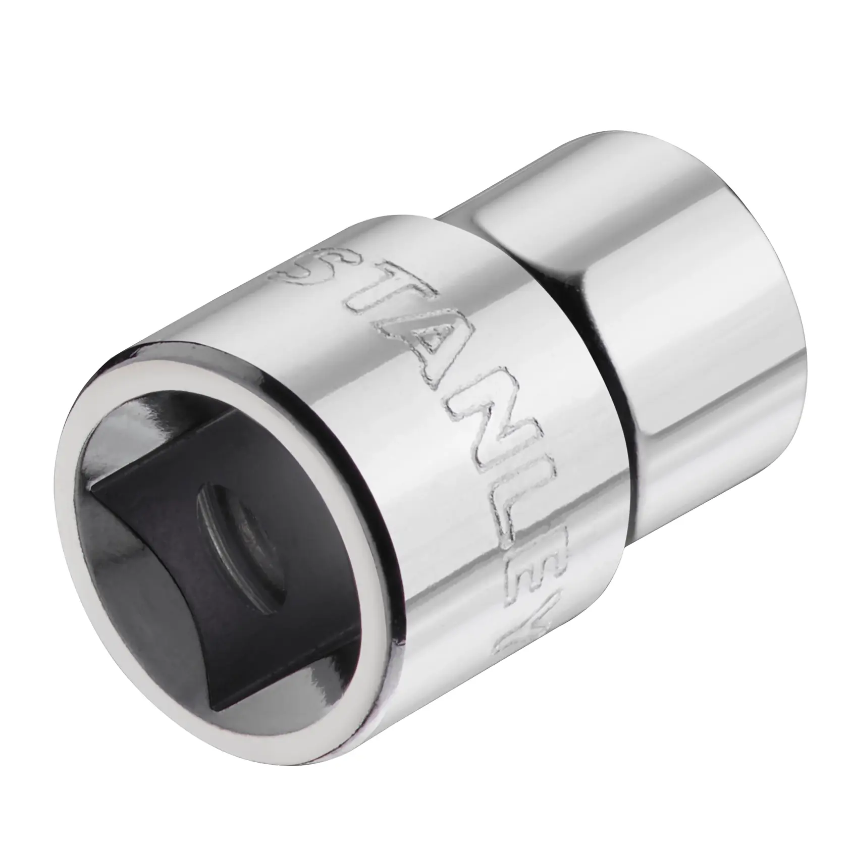 STANLEY STMT86305-0 chrome socket adapter, tool accessory, front angle on white background.