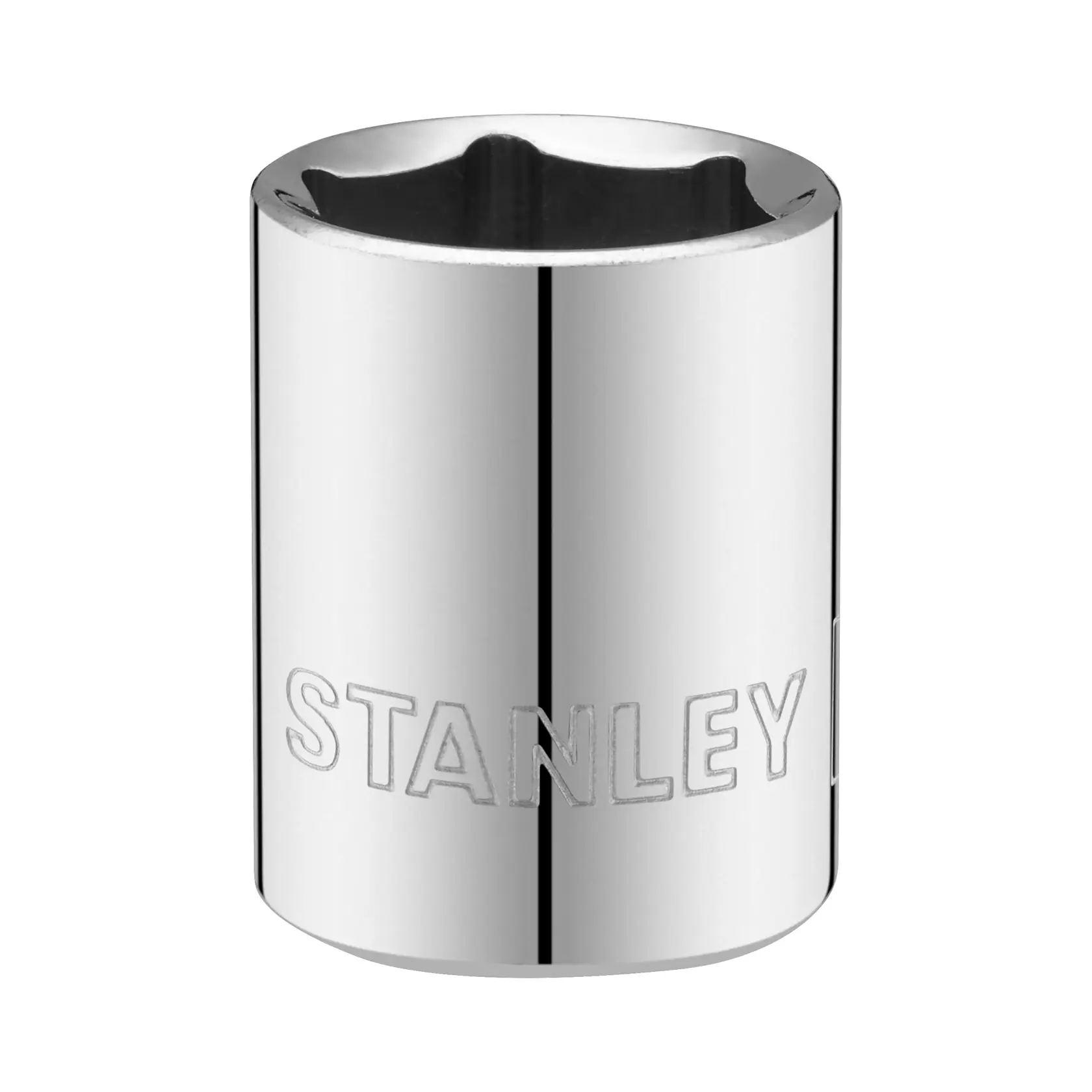 Photo of STANLEY STMT86310-0 chrome socket, cylindrical tool, front angle, on white background.