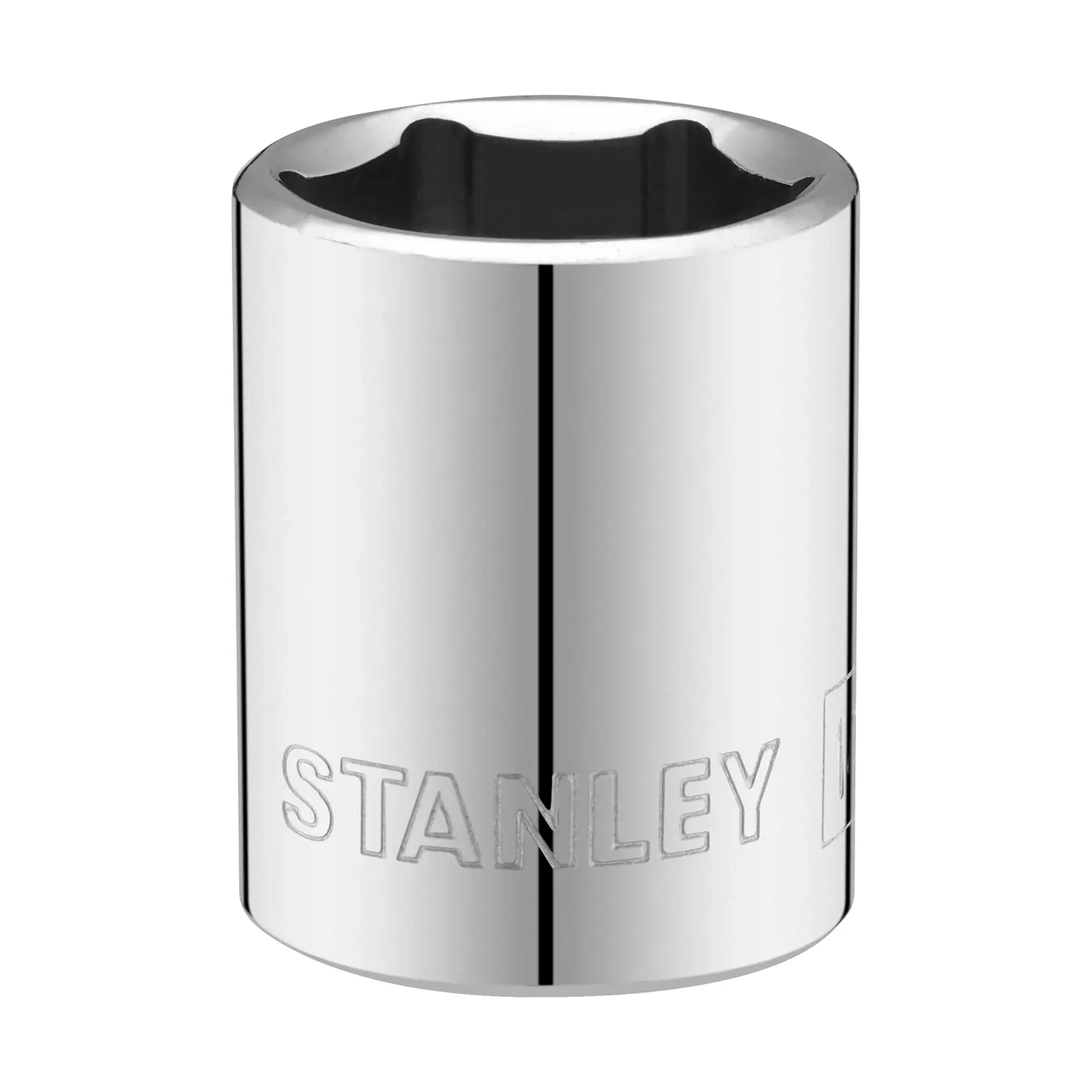 STANLEY STMT86312-0 chrome socket, front angle, shows polished finish and engraved brand name.