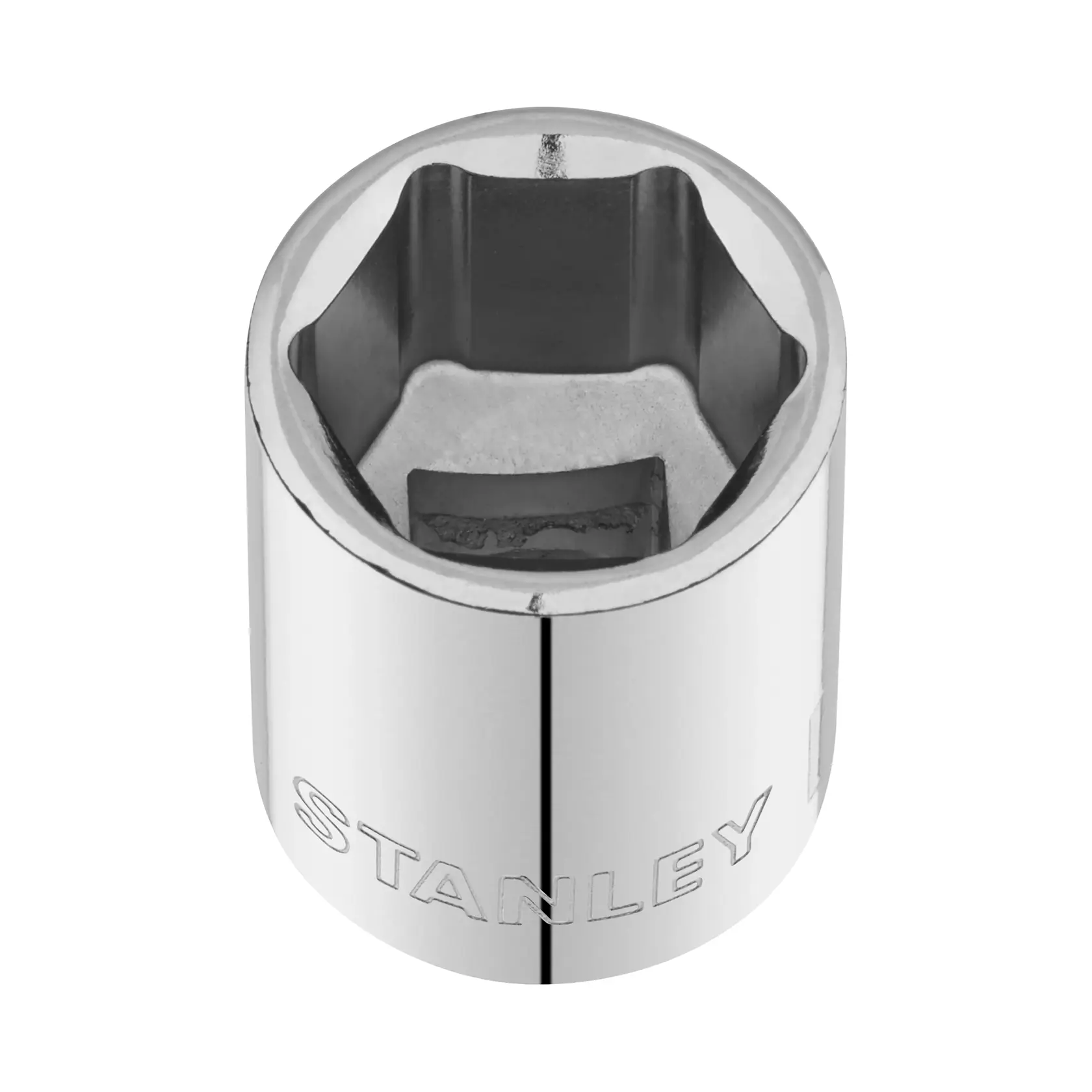STANLEY STMT86312-0 chrome socket, top view, shows six-point design and engraved brand name, photography.