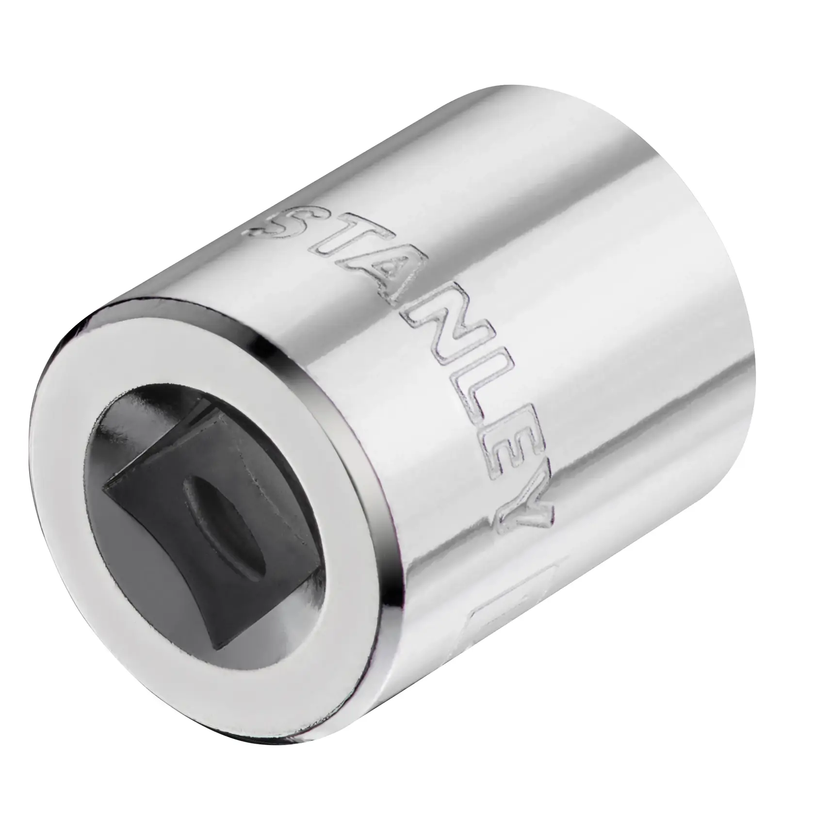 Photo of STANLEY STMT86312-0 chrome socket, close-up angled view on white background, tool accessory.