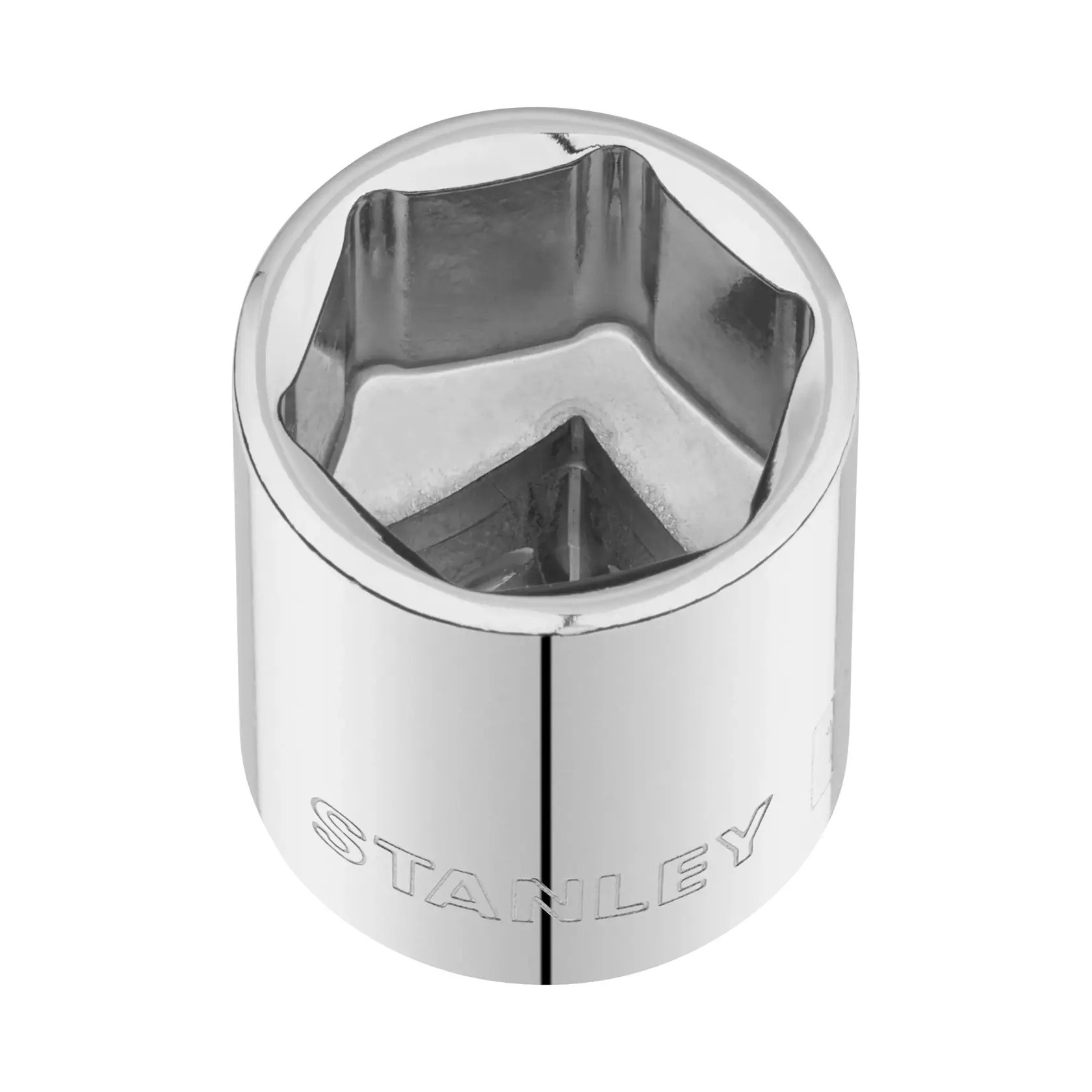Photo of STANLEY STMT86314-0 chrome socket tool, top angle, with engraved brand name.
