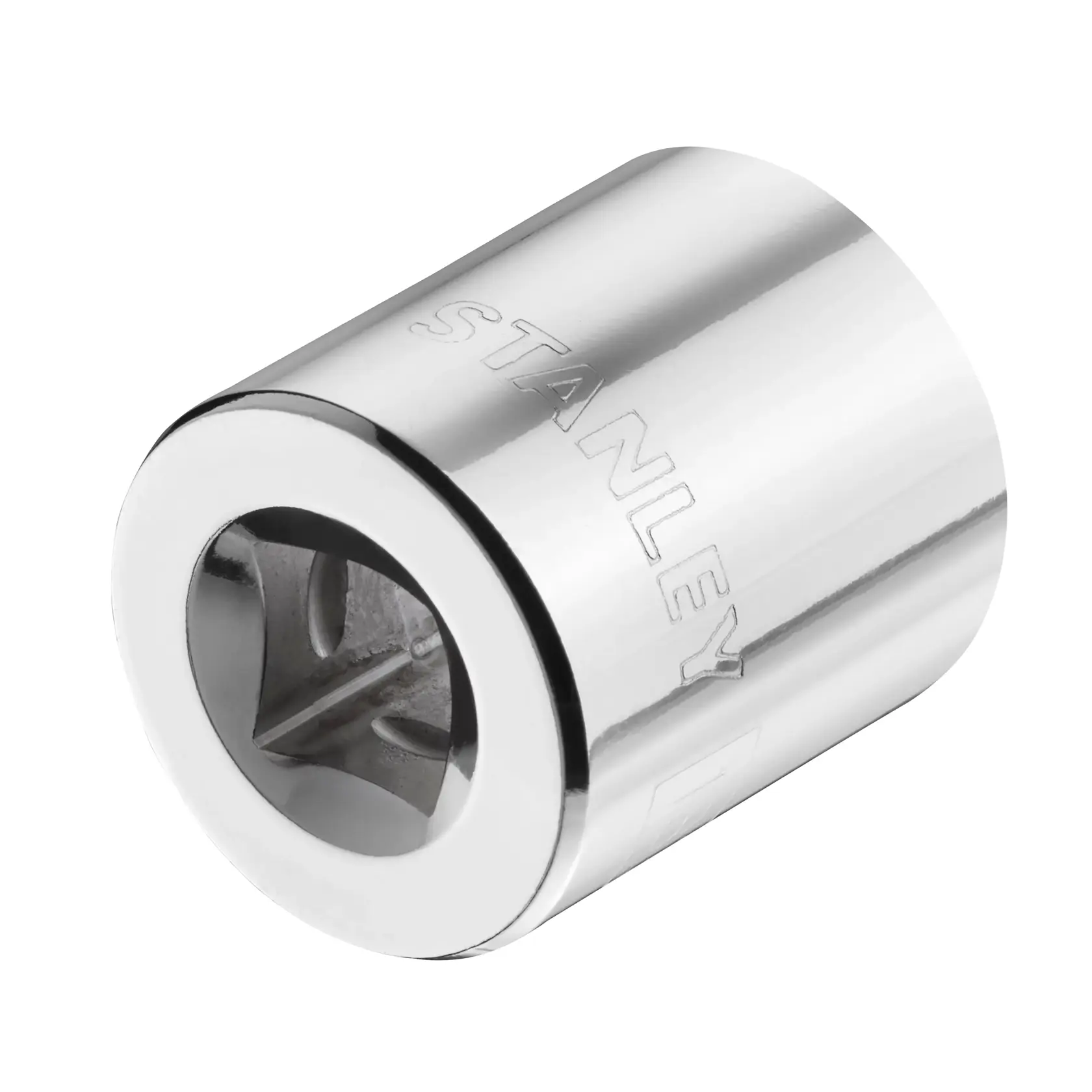 STANLEY STMT86314-0 socket in polished chrome, front angle, tool accessory photography.