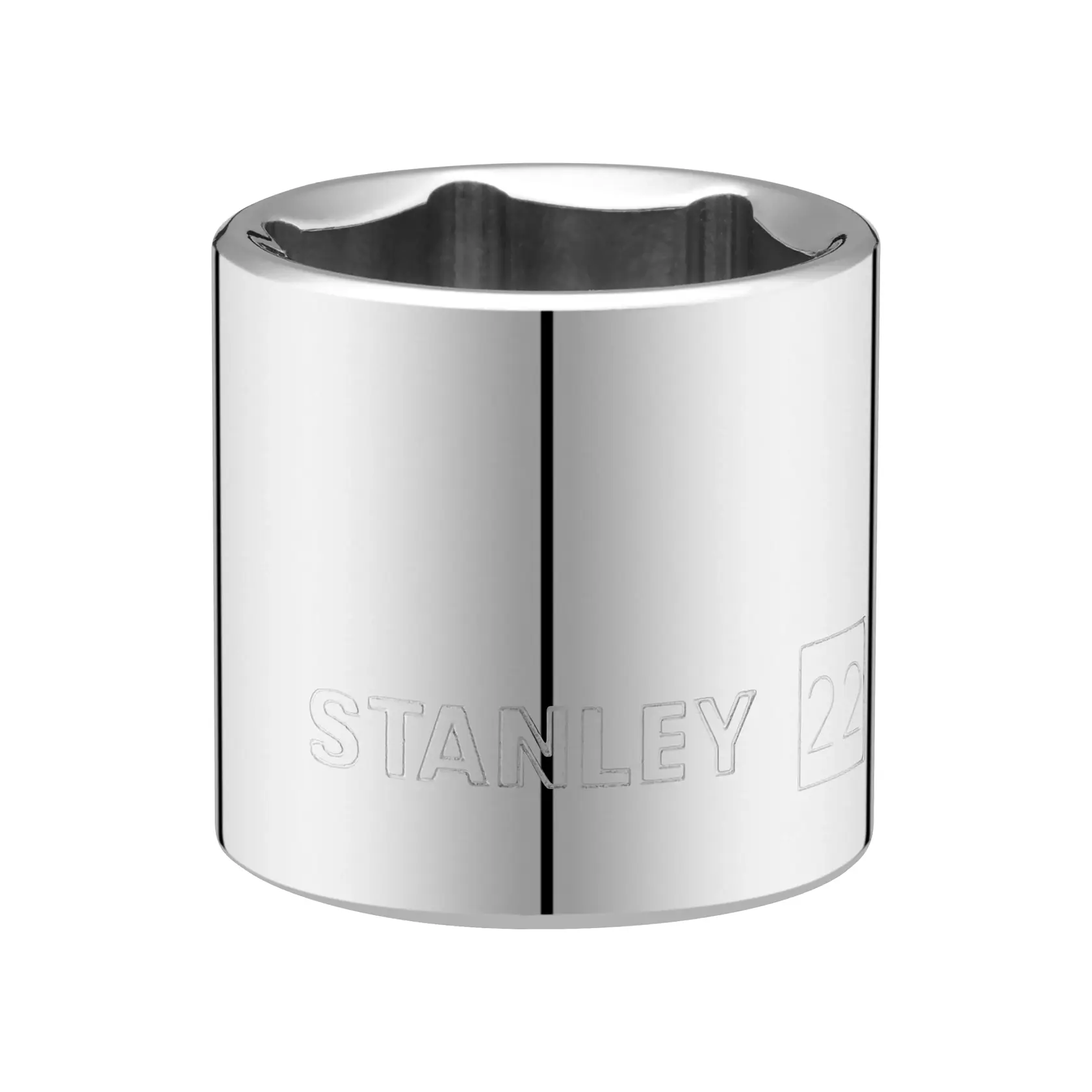 STANLEY STMT86317-0 chrome socket tool front angle, 22mm size, cylindrical, shiny finish.