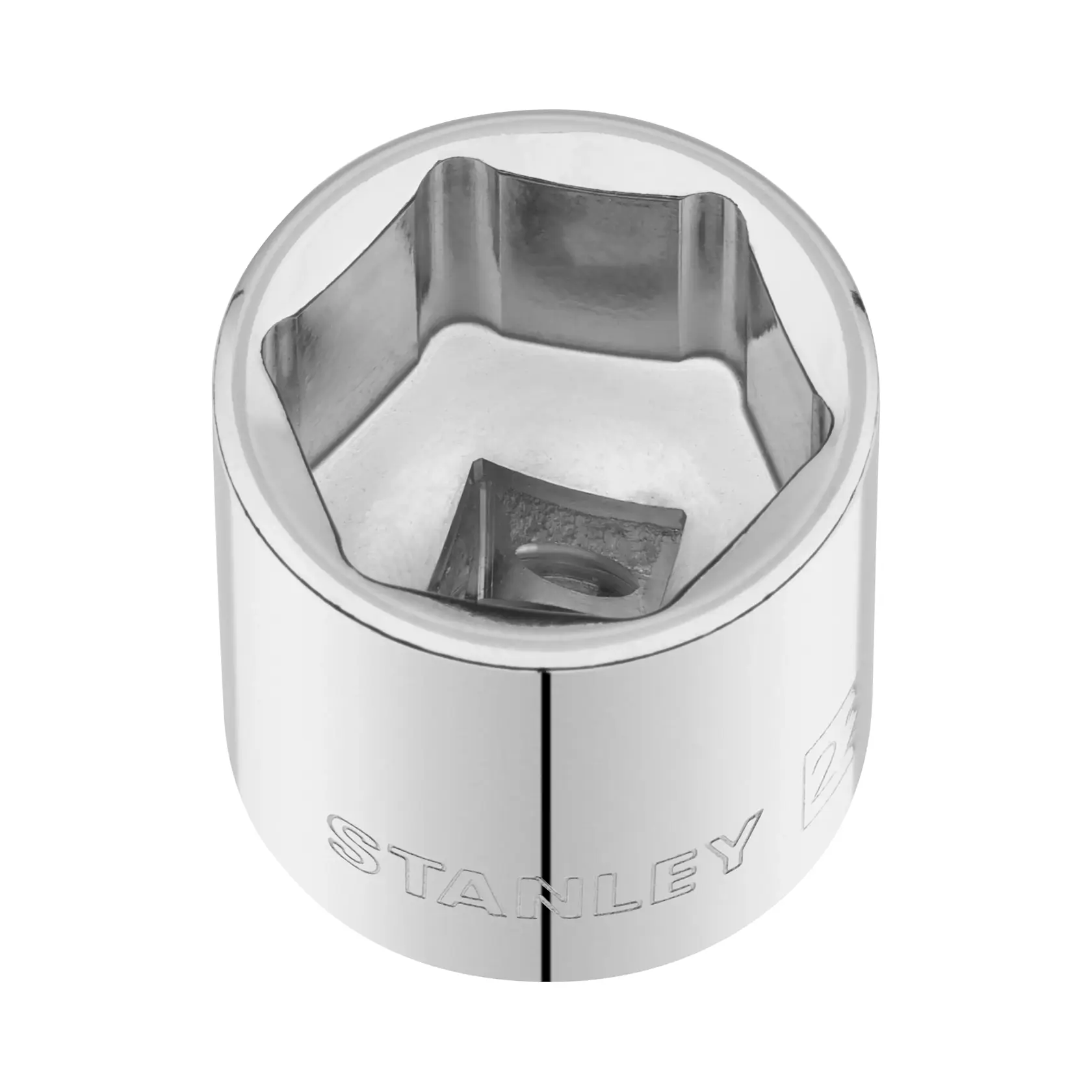 STANLEY STMT86317-0 chrome socket, hexagonal interior, side angle, photography on white background.