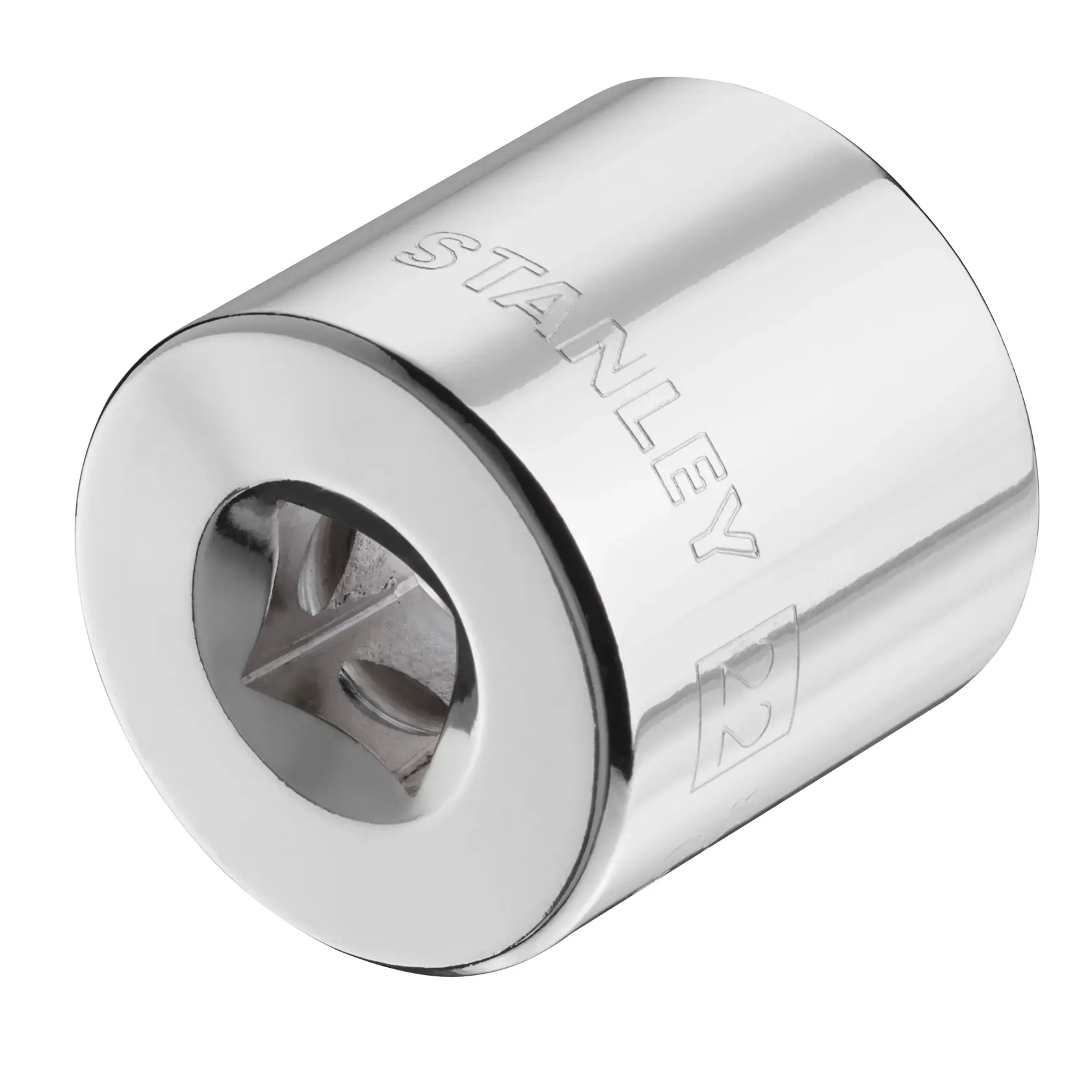 STANLEY STMT86317-0 chrome socket tool, close-up angle, photography on white background.