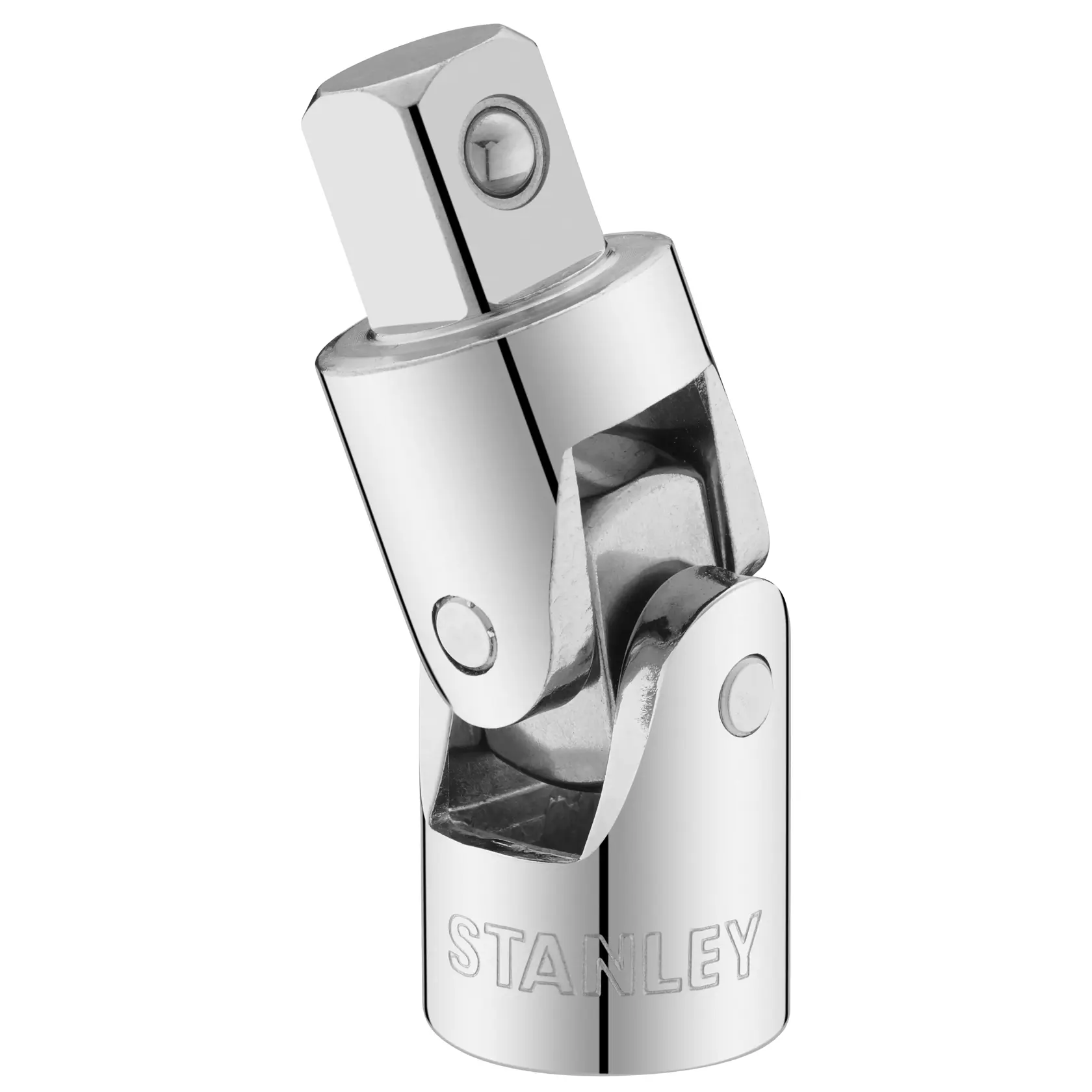 Photo of STANLEY STMT86411-0 chrome universal joint socket adapter, tool with engraved brand, front angle on white.