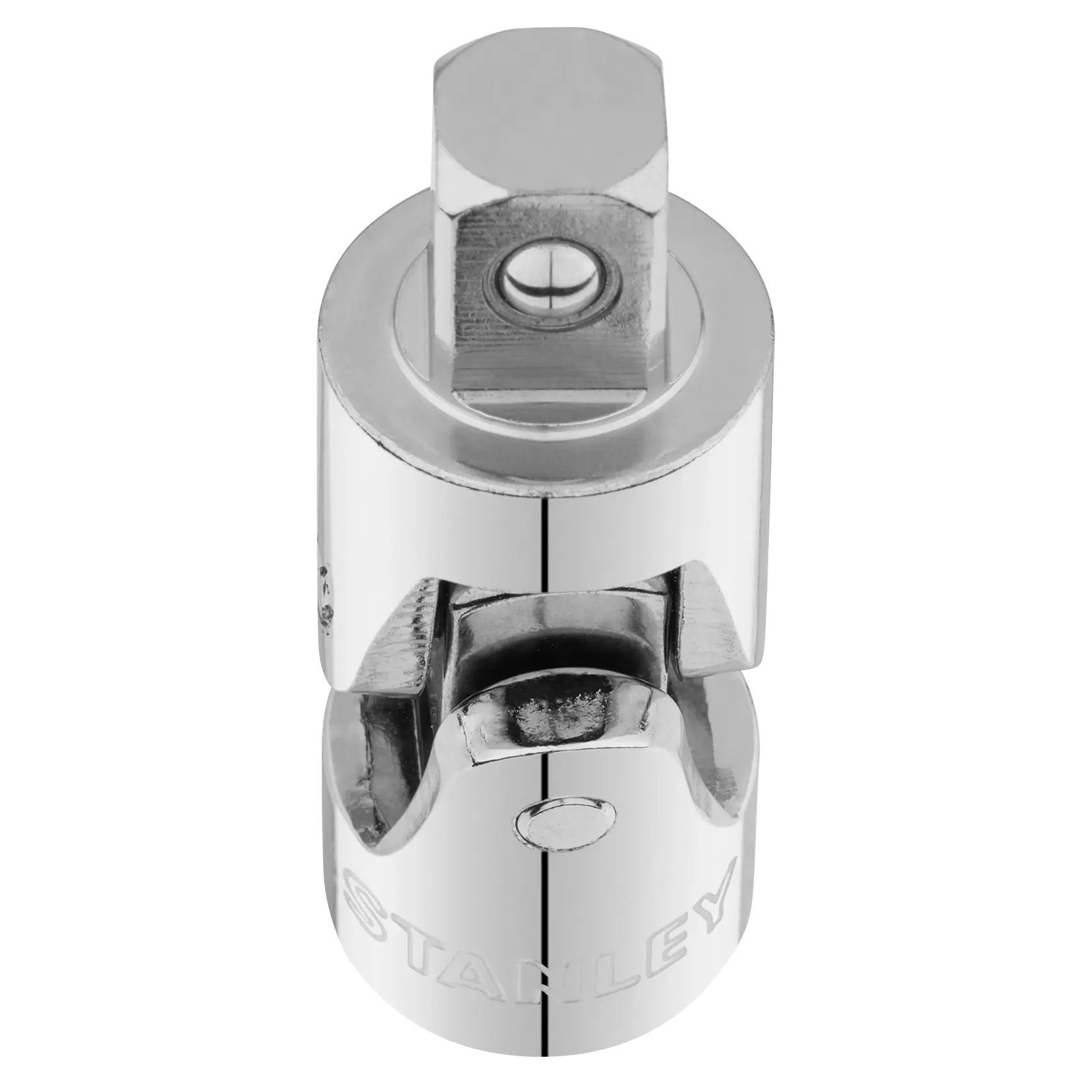 Photo of STANLEY STMT86411-0 chrome universal joint socket adapter, front view on white background.