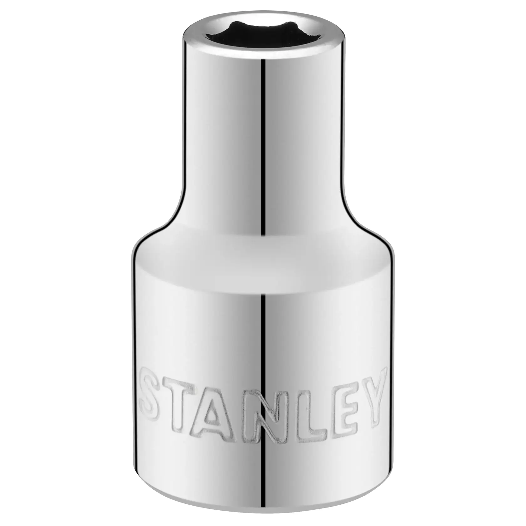STANLEY STMT86508-0 chrome socket, front view on white background, compact cylindrical hand tool accessory.