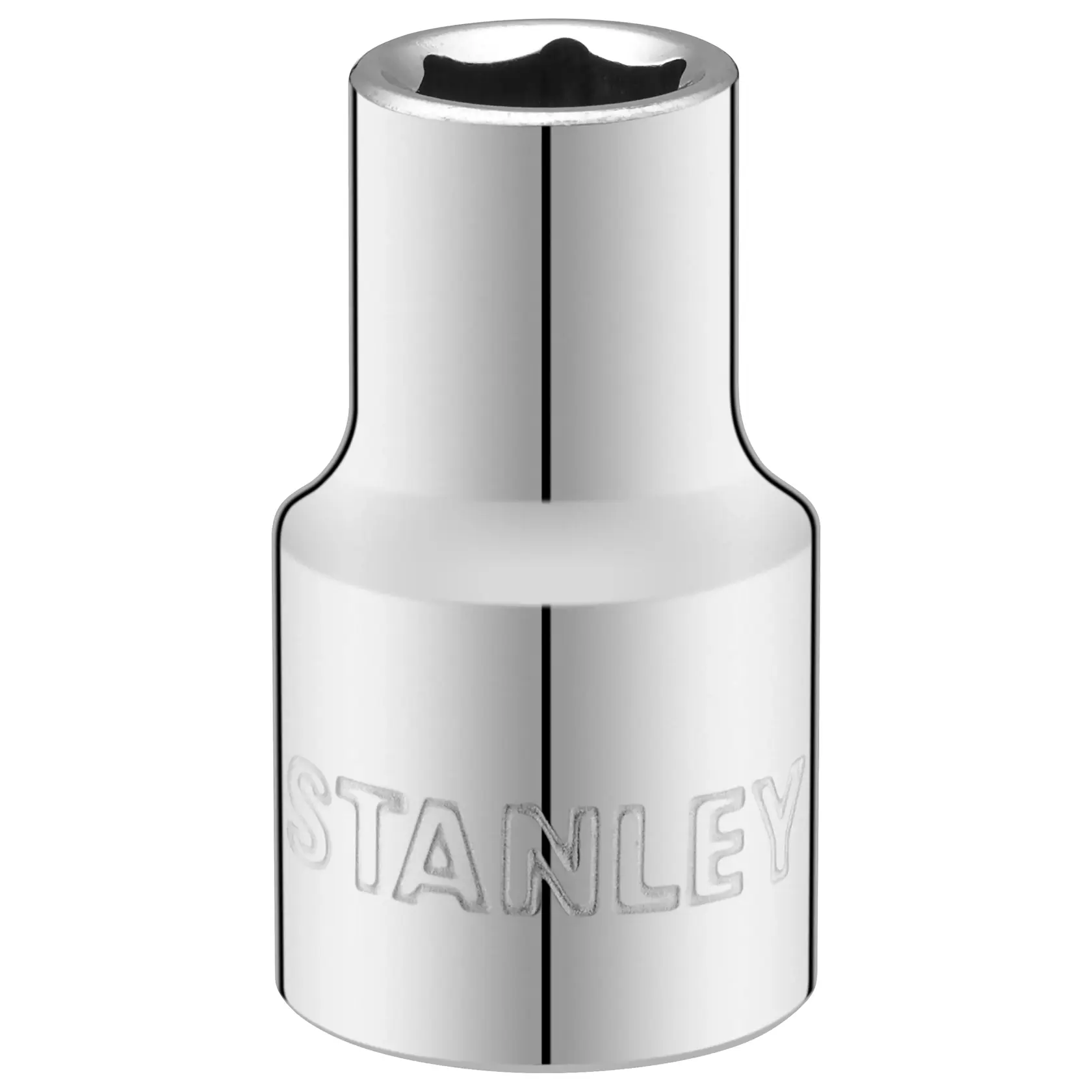 Photo of STANLEY STMT86510-0 chrome socket, embossed logo, tool photography, front angle on white background.