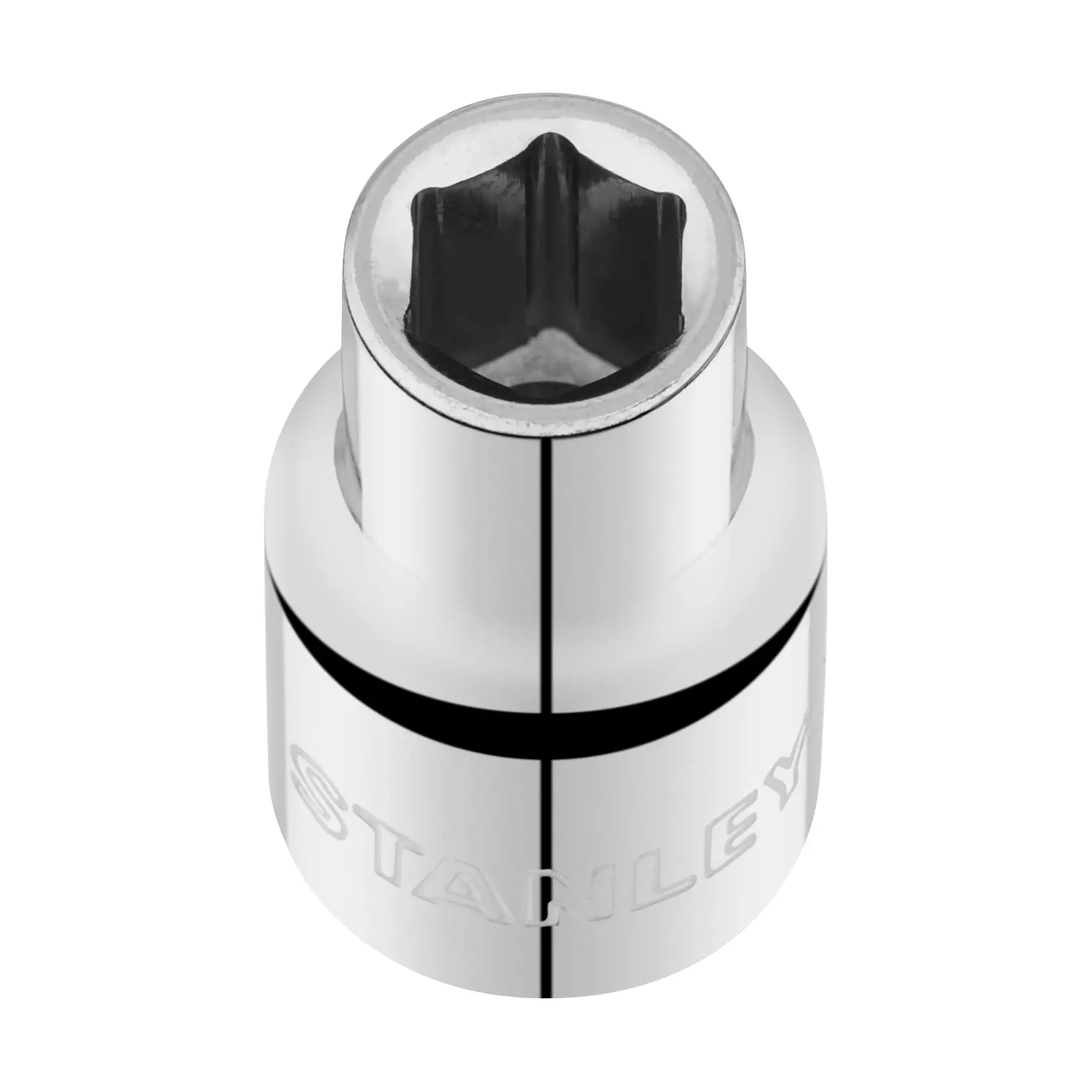 STANLEY STMT86510-0 chrome socket, six-point design, top view with engraved branding, white background.
