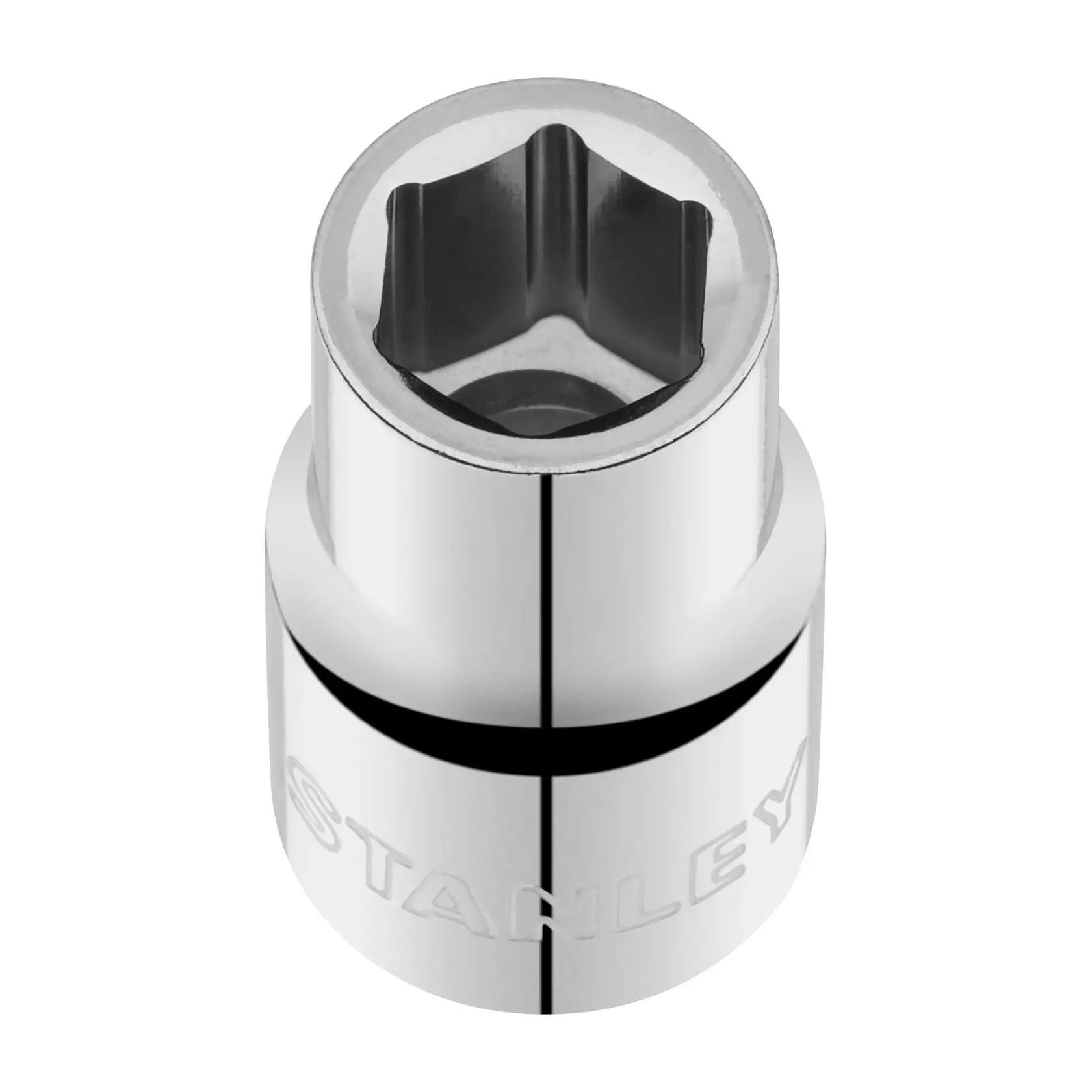 Photo of STANLEY STMT86512-0 chrome socket, hexagonal opening, tool accessory, top angle on white background.