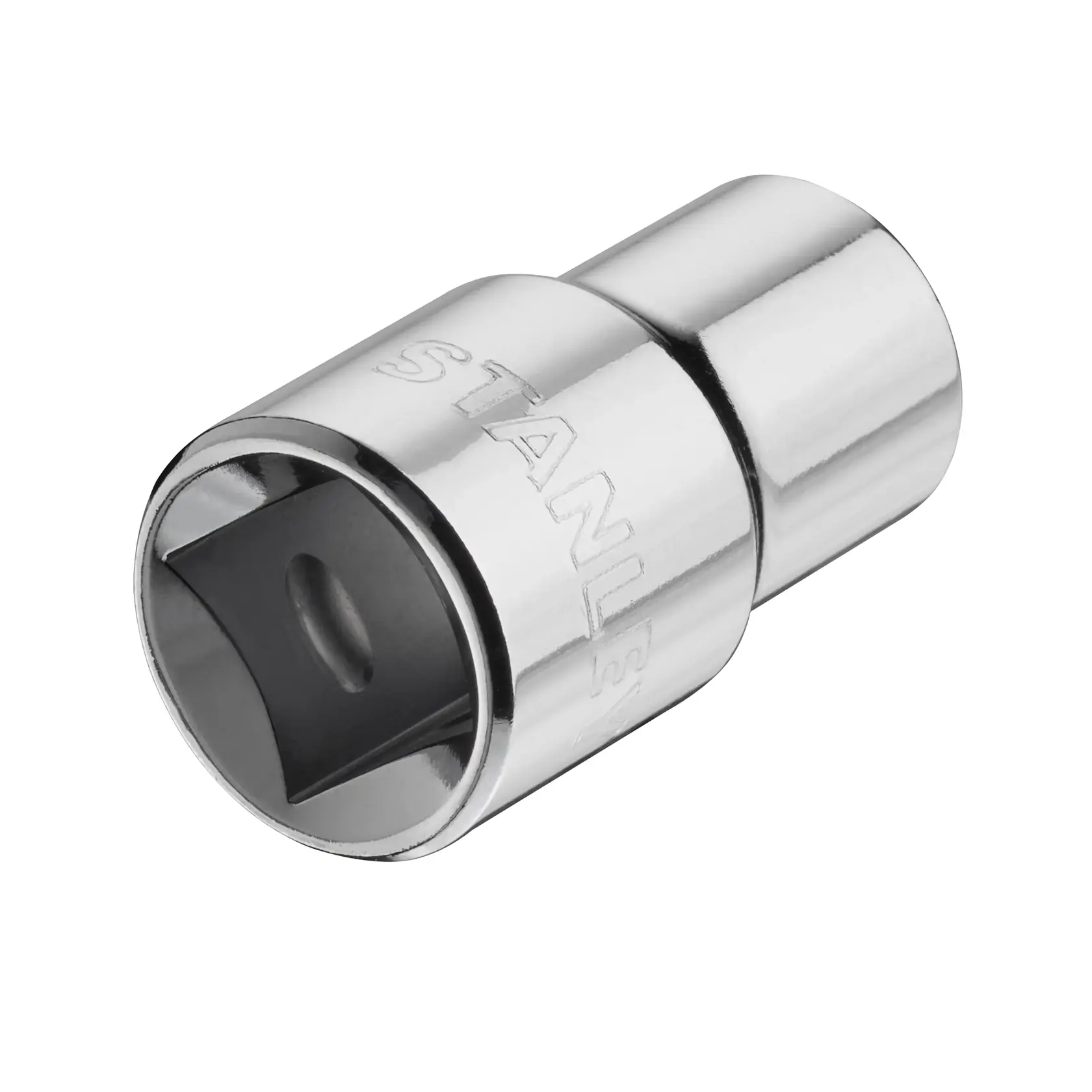 STANLEY STMT86512-0 chrome socket adapter with branding, shown at angle on white background.