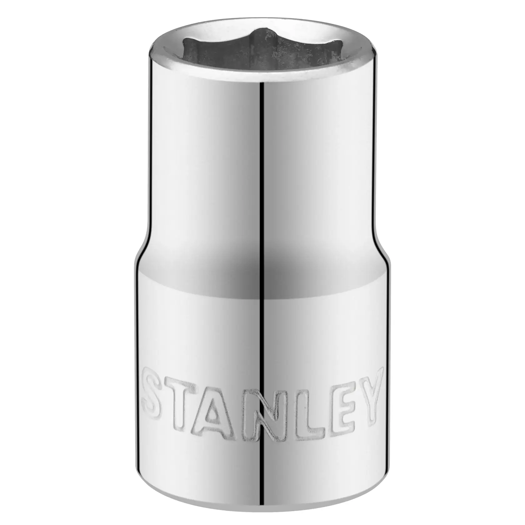 STANLEY STMT86513-0 chrome socket, front angle on white background, engraved brand name visible.