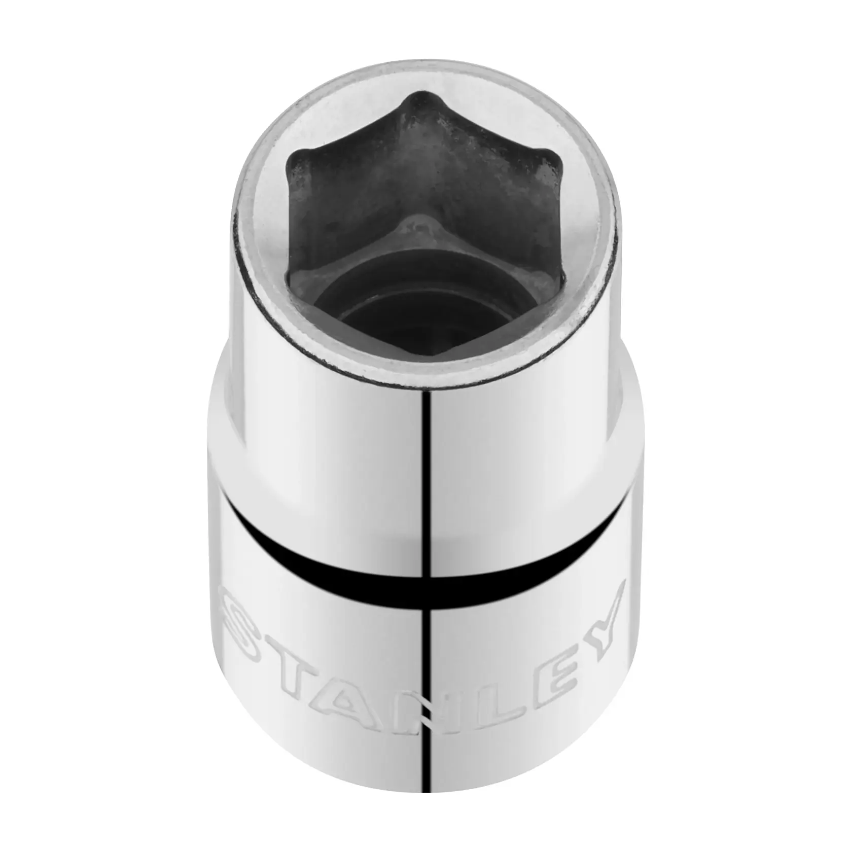 Photo of STANLEY STMT86513-0 chrome socket, top angle view, silver color, hex interior, photography category.