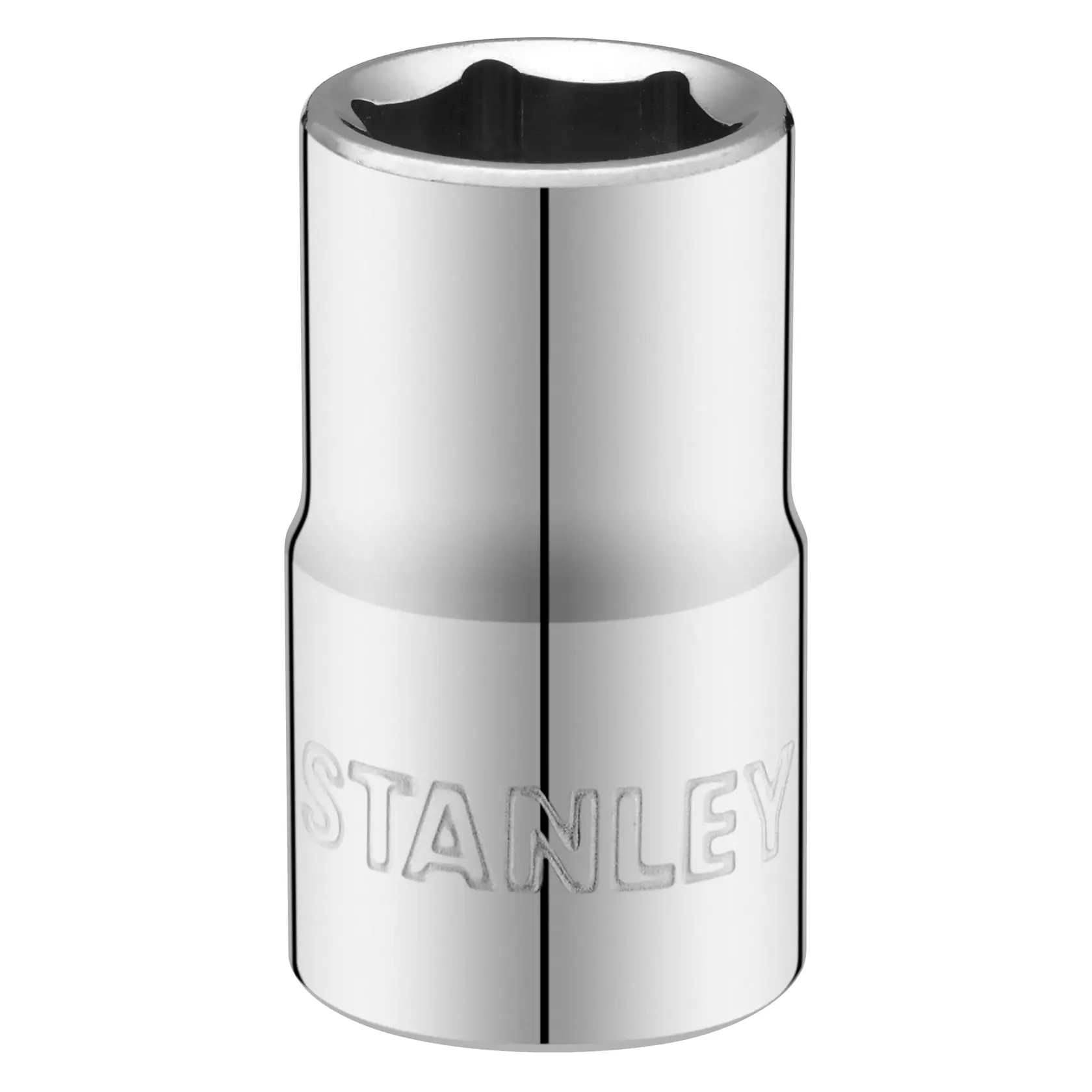 STANLEY STMT86514-0 chrome socket, front angle, embossed logo, tool accessory against white background.