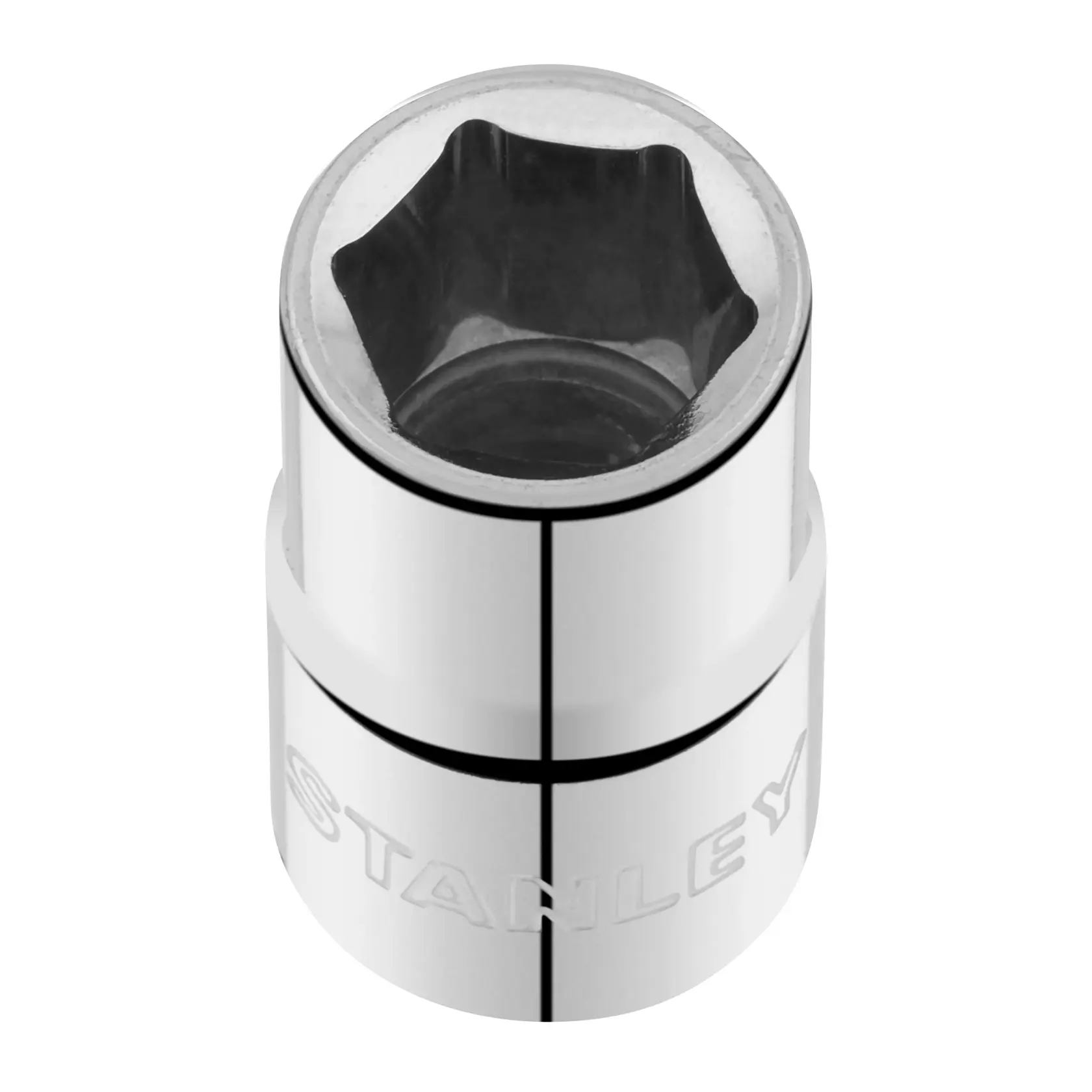 Photo of STANLEY STMT86514-0 chrome socket tool on white background, top angle.