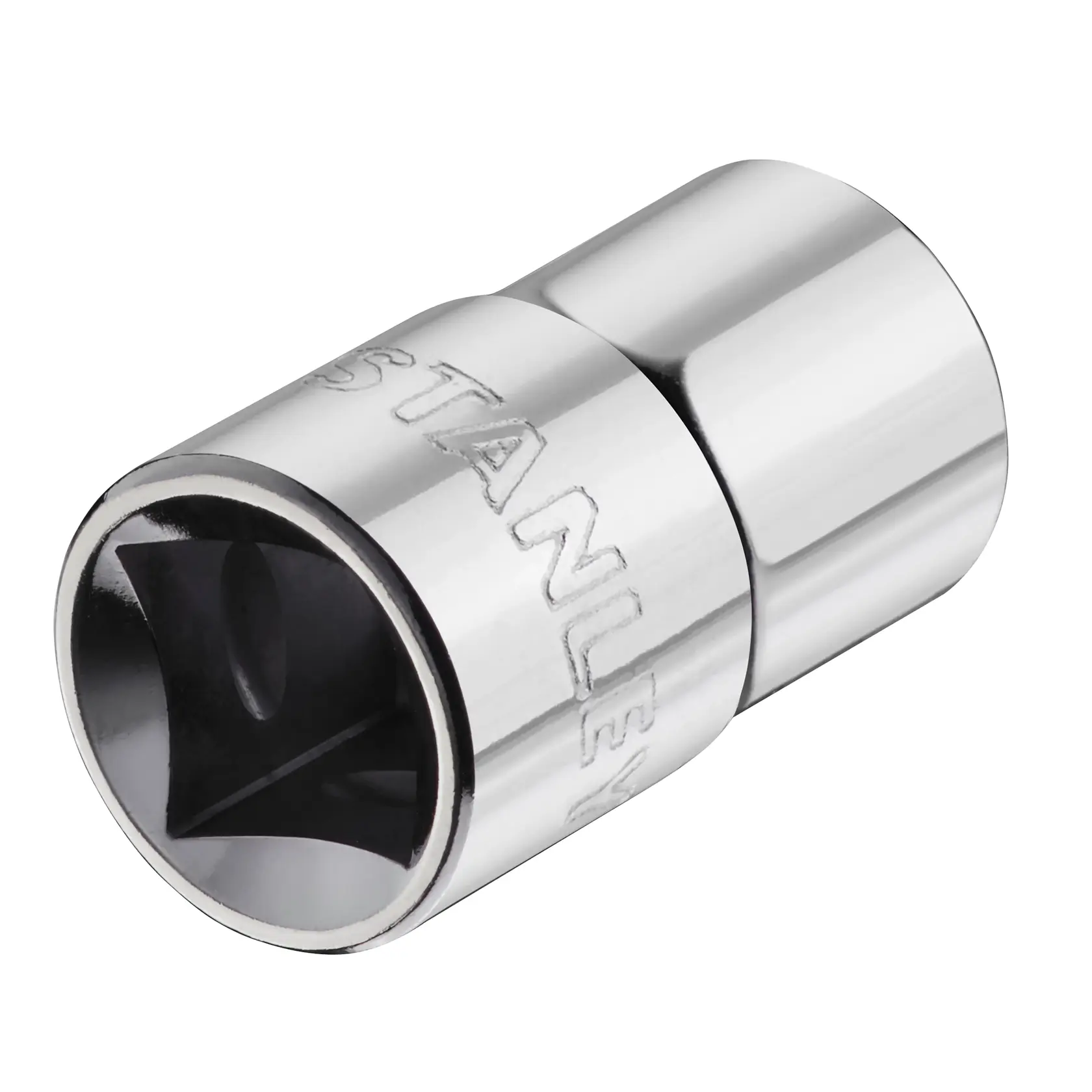 STANLEY STMT86514-0 chrome socket adapter photography, angle shows engraved brand and square drive.
