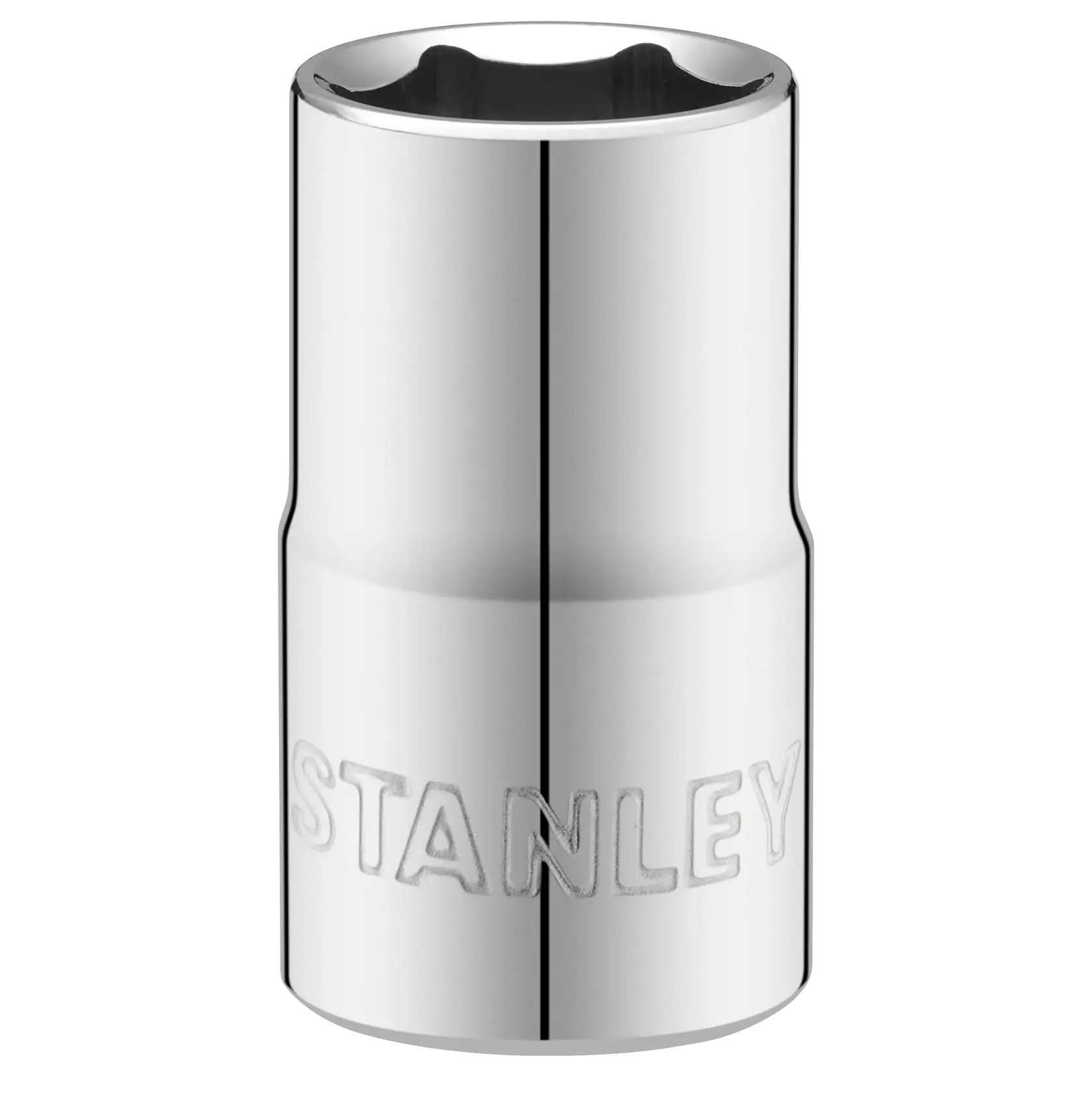 Photo of STANLEY STMT86515-0 chrome socket, cylindrical shape, engraved brand, product photography, front angle.