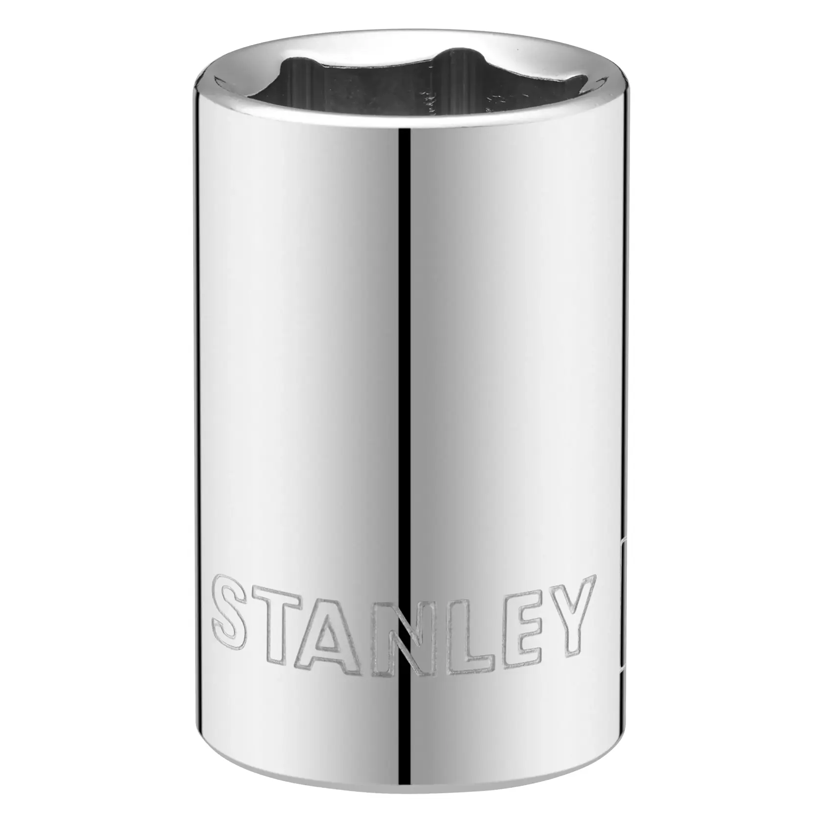 Photo of STANLEY STMT86517-0 chrome socket, cylindrical design, engraved brand, front angle, tool accessory.