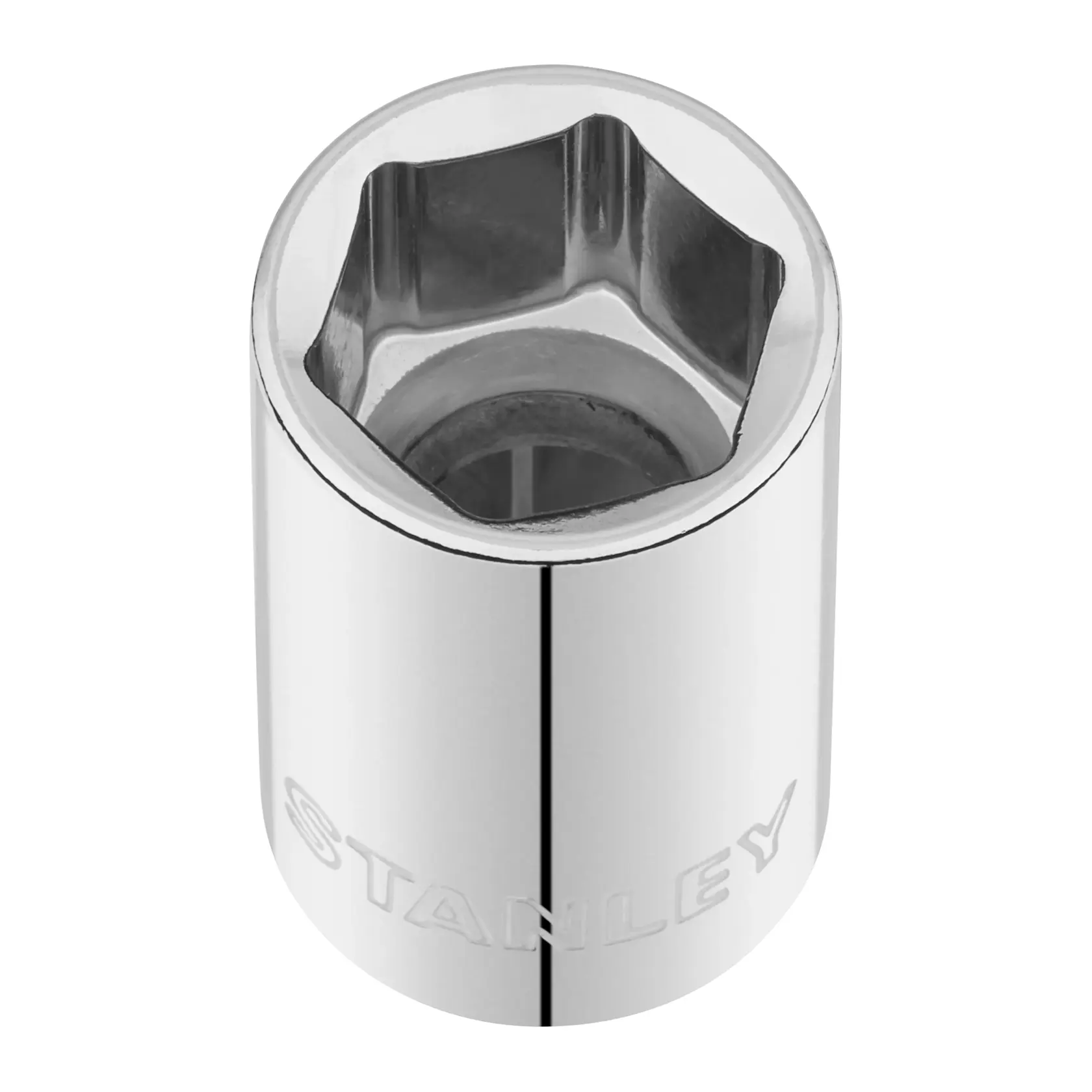 STANLEY STMT86517-0 chrome socket, six-point design, viewed from above on white background.