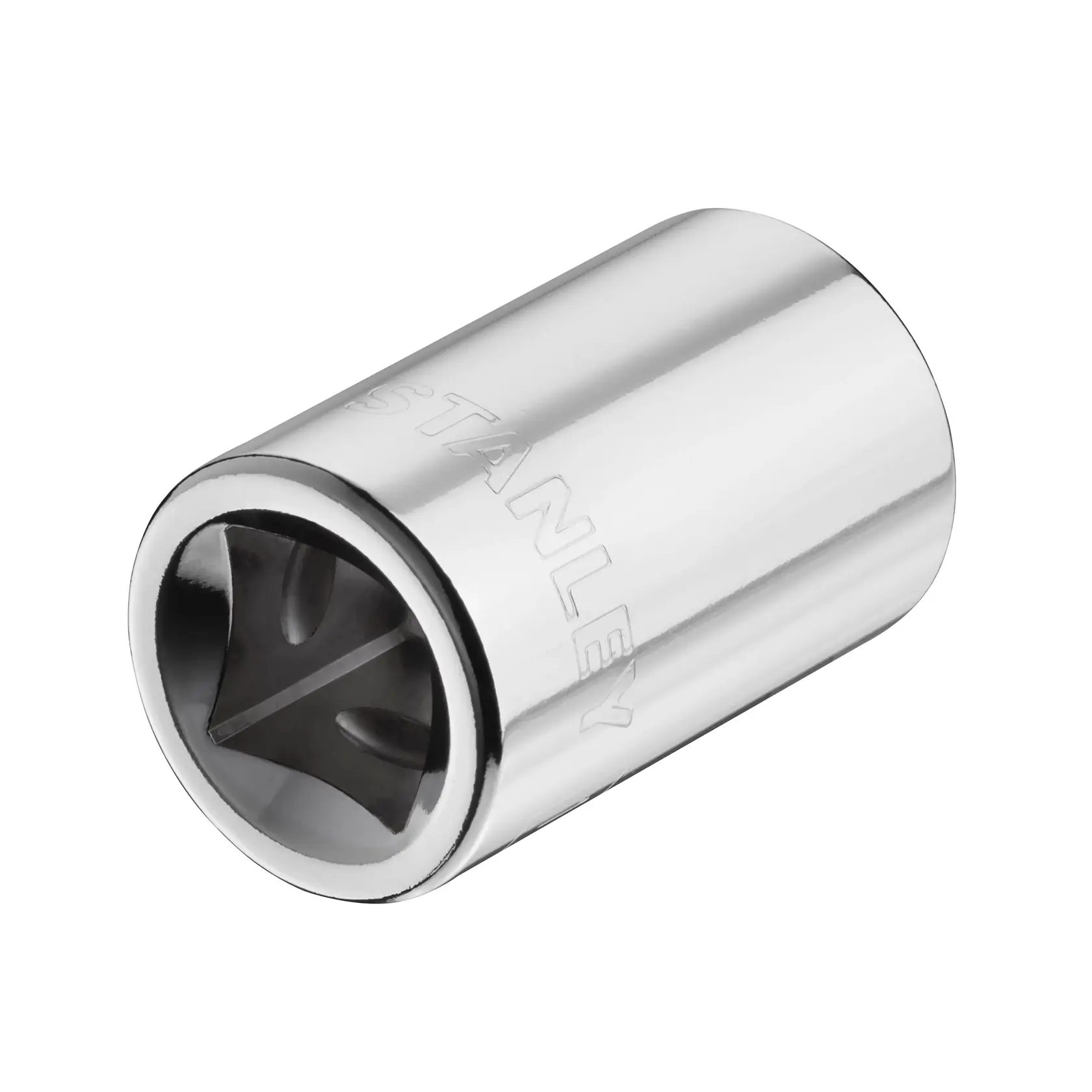 STANLEY STMT86517-0 chrome socket, cylindrical, angled view, photography on white background.