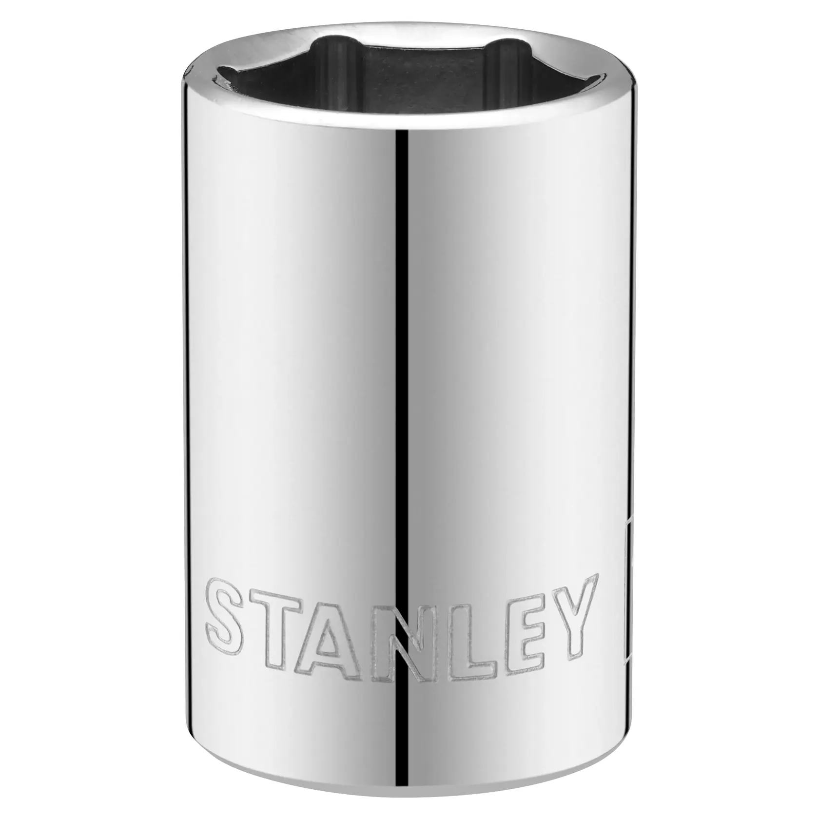 STANLEY STMT86518-0 chrome socket tool, front angle, photography with white background.