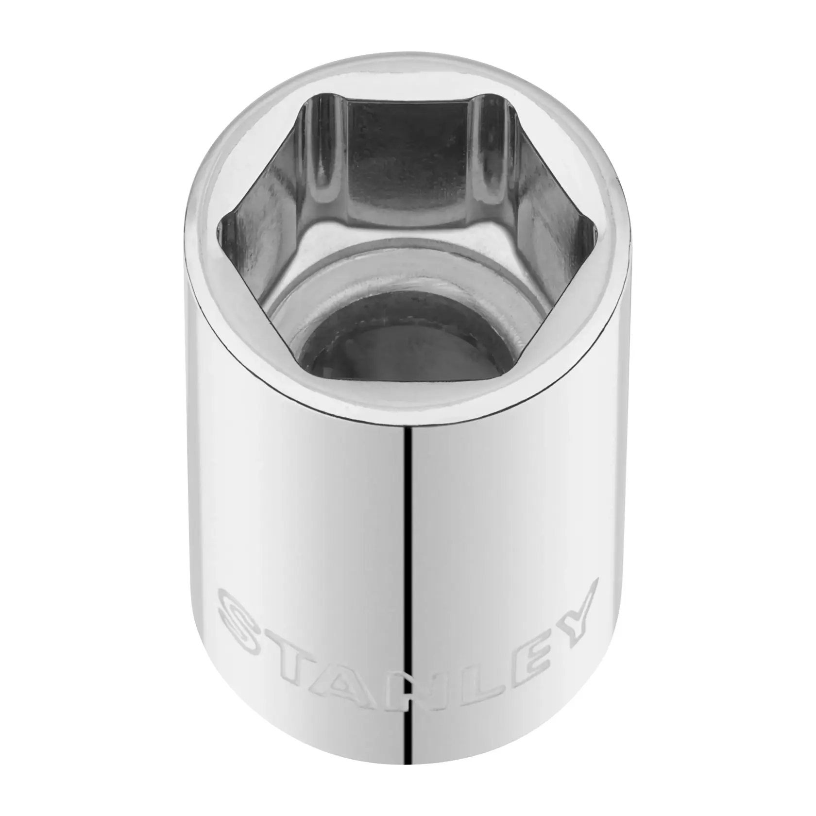 STANLEY STMT86518-0 chrome socket, six-point design, close-up product photo on white background.