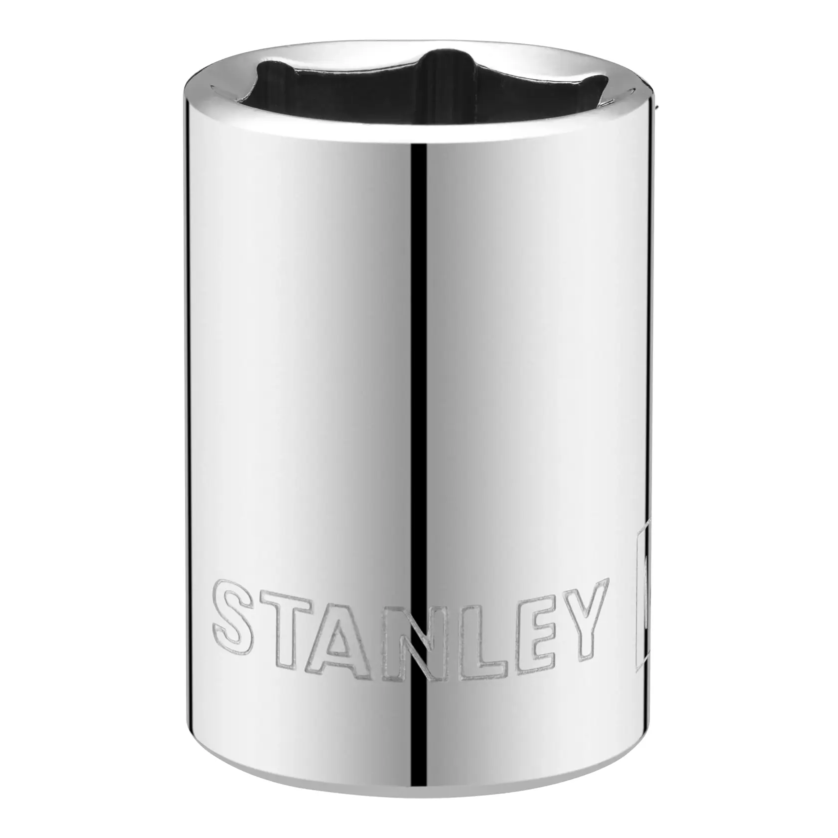 Photo of STANLEY STMT86519-0 chrome socket, cylindrical shape, tool accessory, front angle on white background.