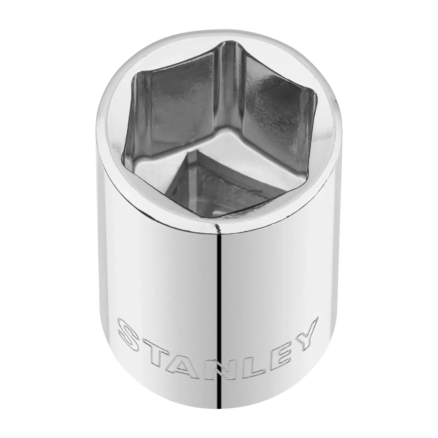 Photo of STANLEY STMT86519-0 chrome socket, six-point design, product photography, top angle on white background.