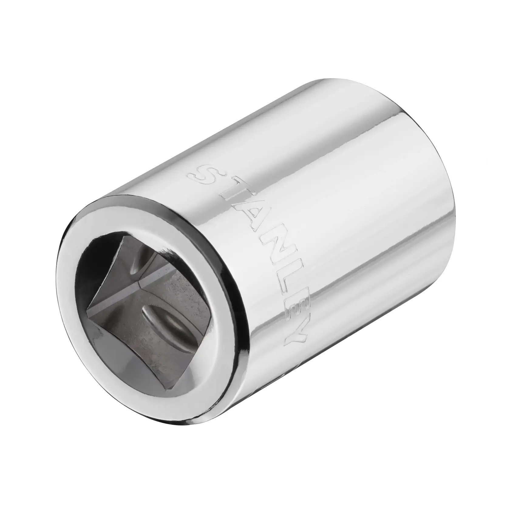 STANLEY STMT86519-0 chrome socket, side angle, white background, brand name engraved on surface.