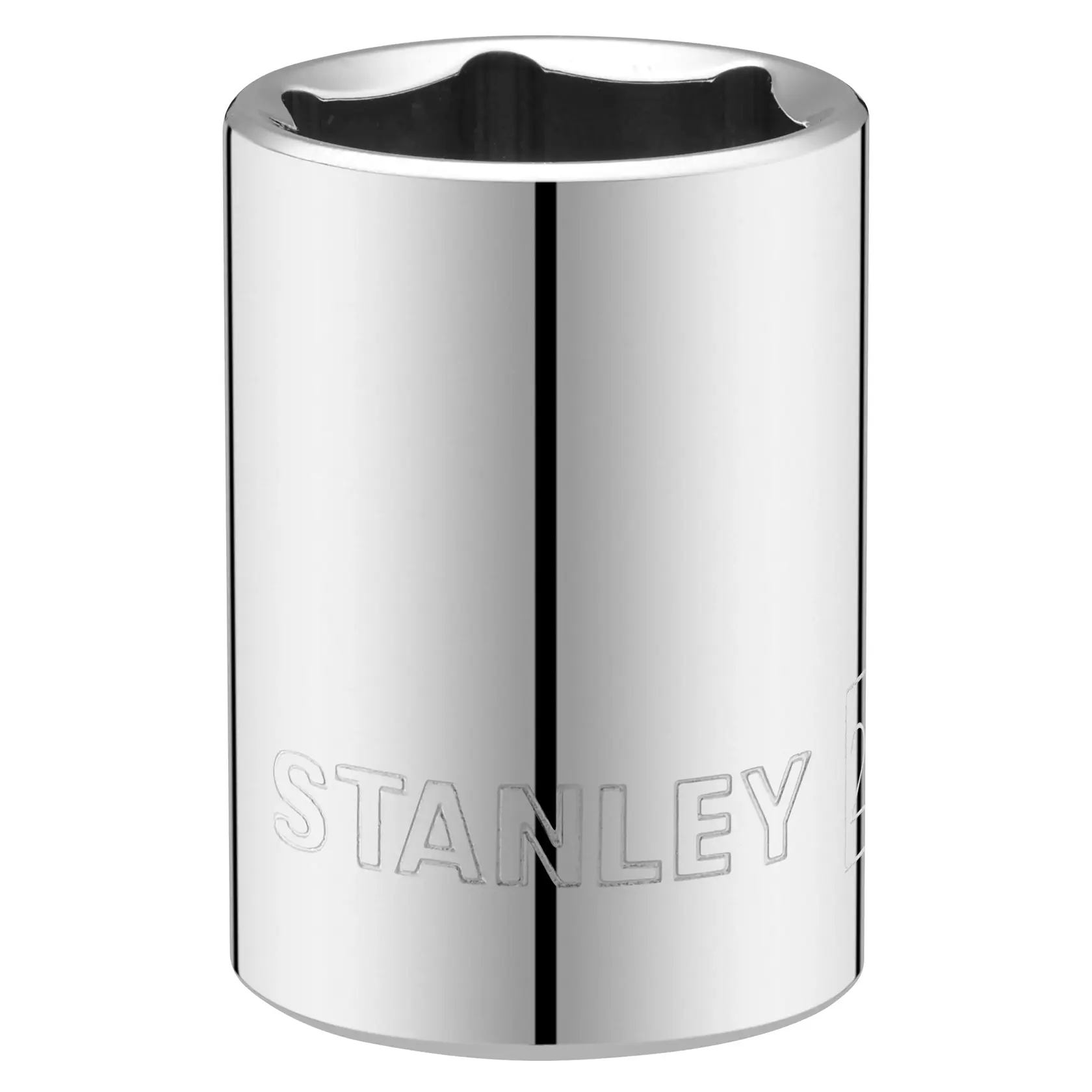 STANLEY STMT86520-0 chrome socket, cylindrical hand tool, front angle on white background.