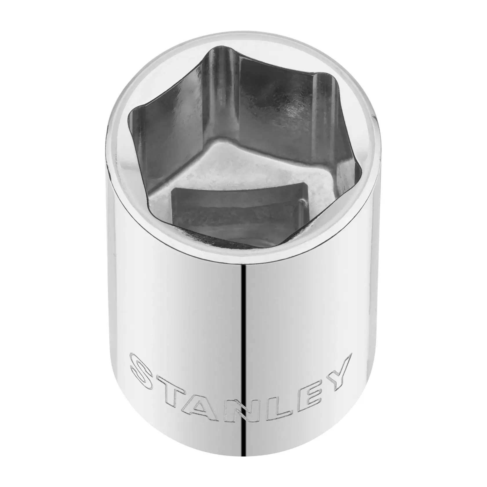 STANLEY STMT86520-0 chrome socket, hex design, hand tool accessory, top view on white background.