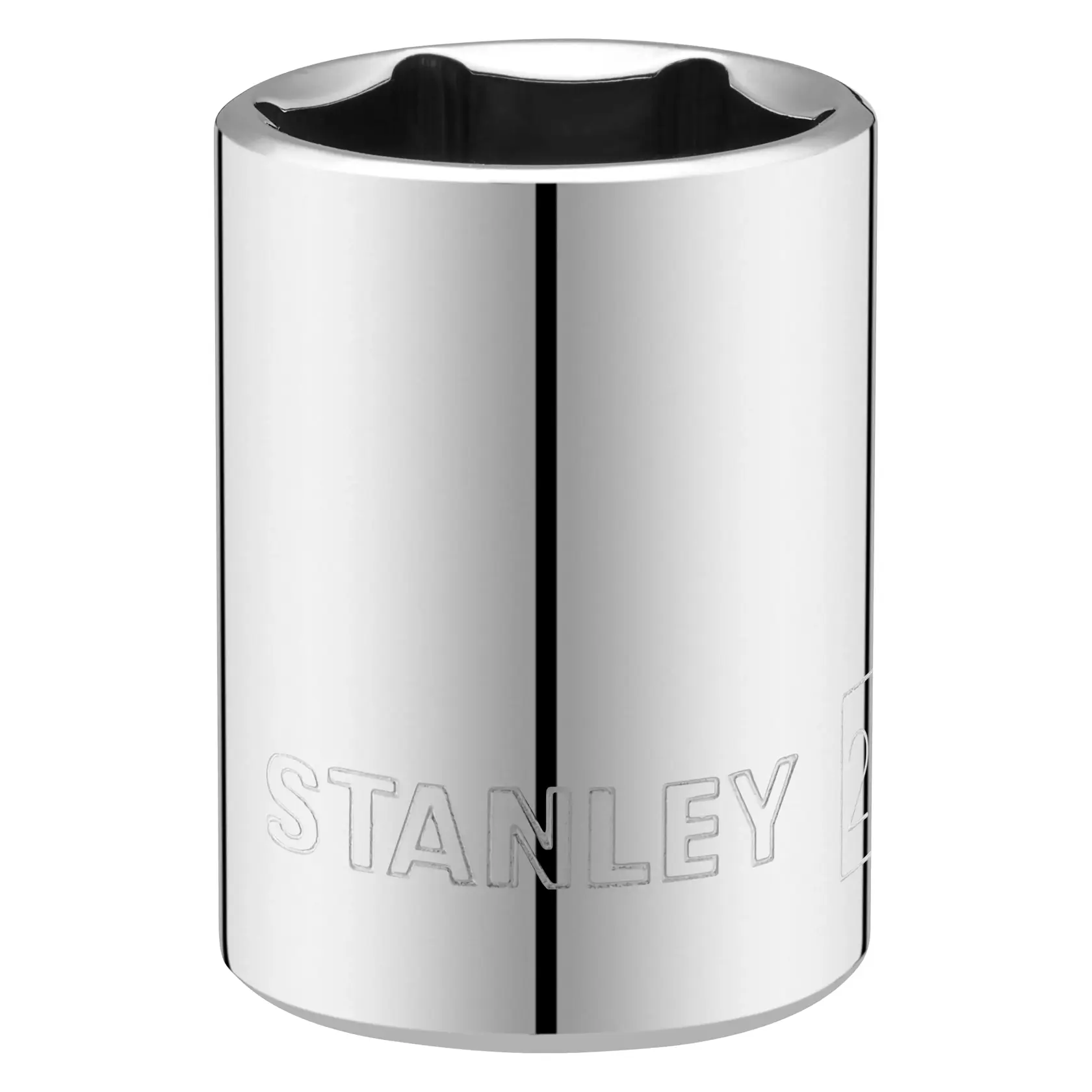 Photo of STANLEY STMT86521-0 chrome socket, cylindrical hand tool with engraved logo, front angle view.