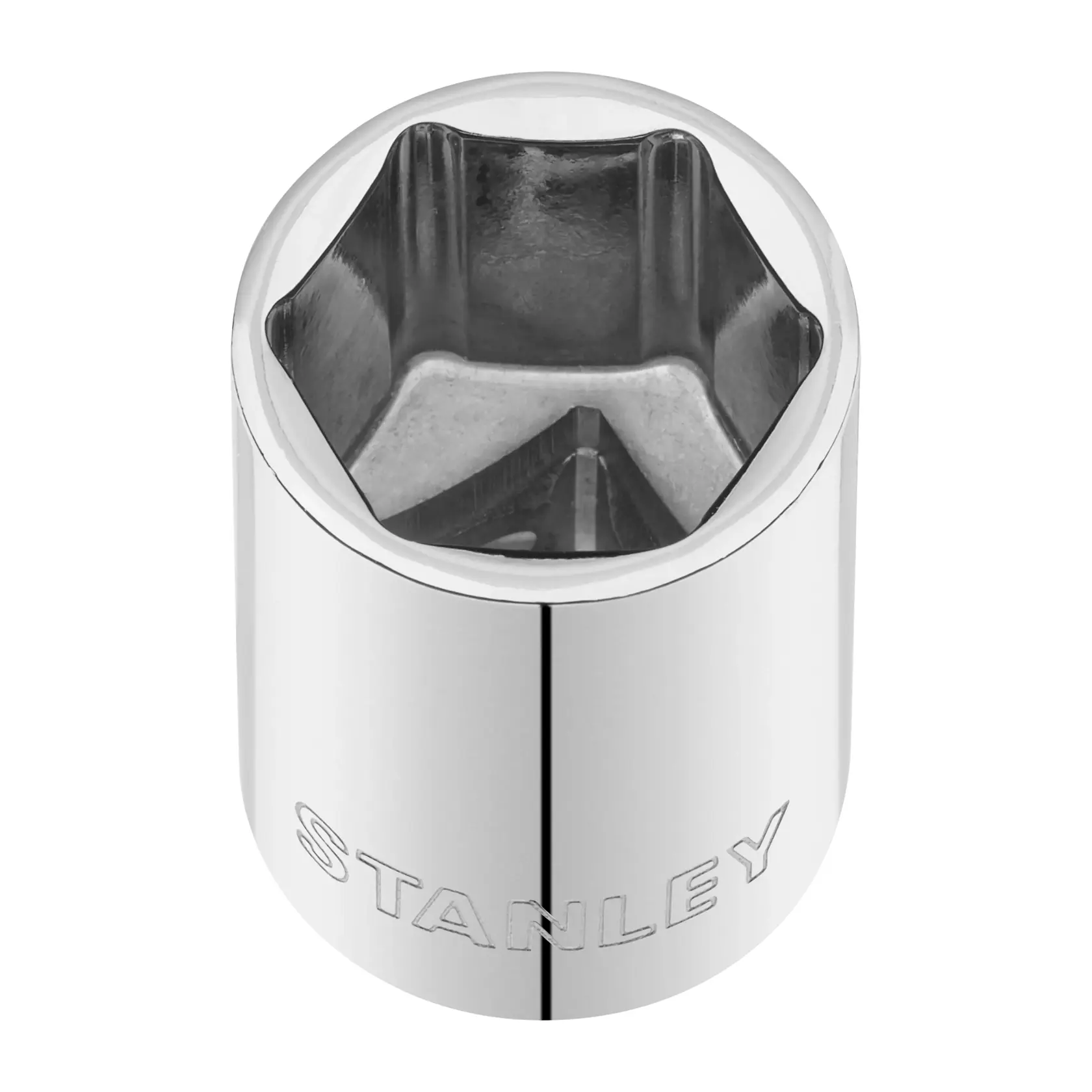 STANLEY STMT86521-0 chrome socket, six-point, front angle, tool accessory on white background.
