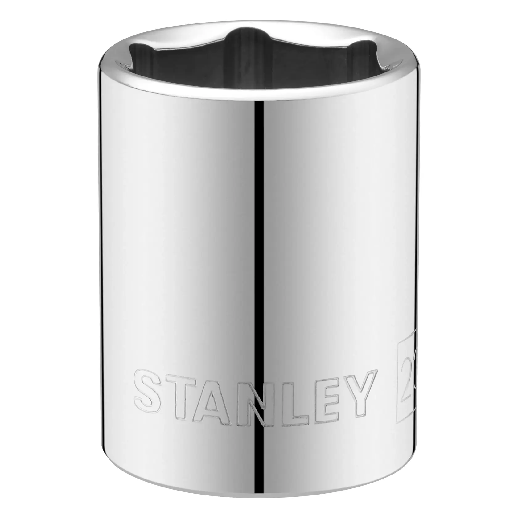STANLEY STMT86523-0 chrome socket, cylindrical shape, front angle, tool accessory on white background.