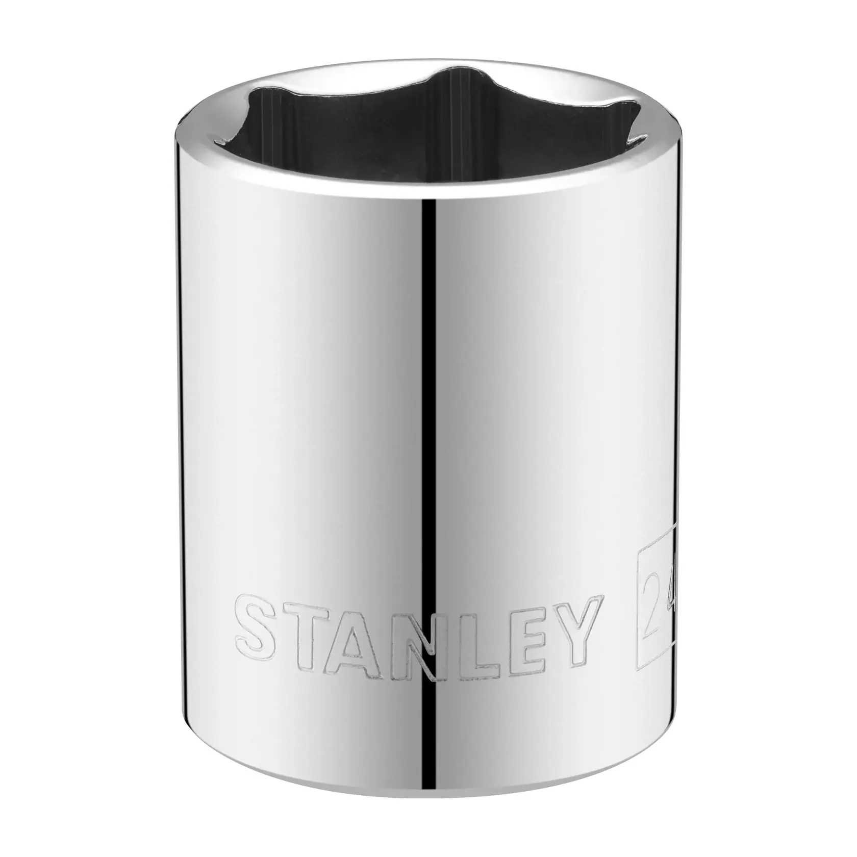 Photo of STANLEY STMT86524-0 chrome socket tool, front angle, silver finish, photography.