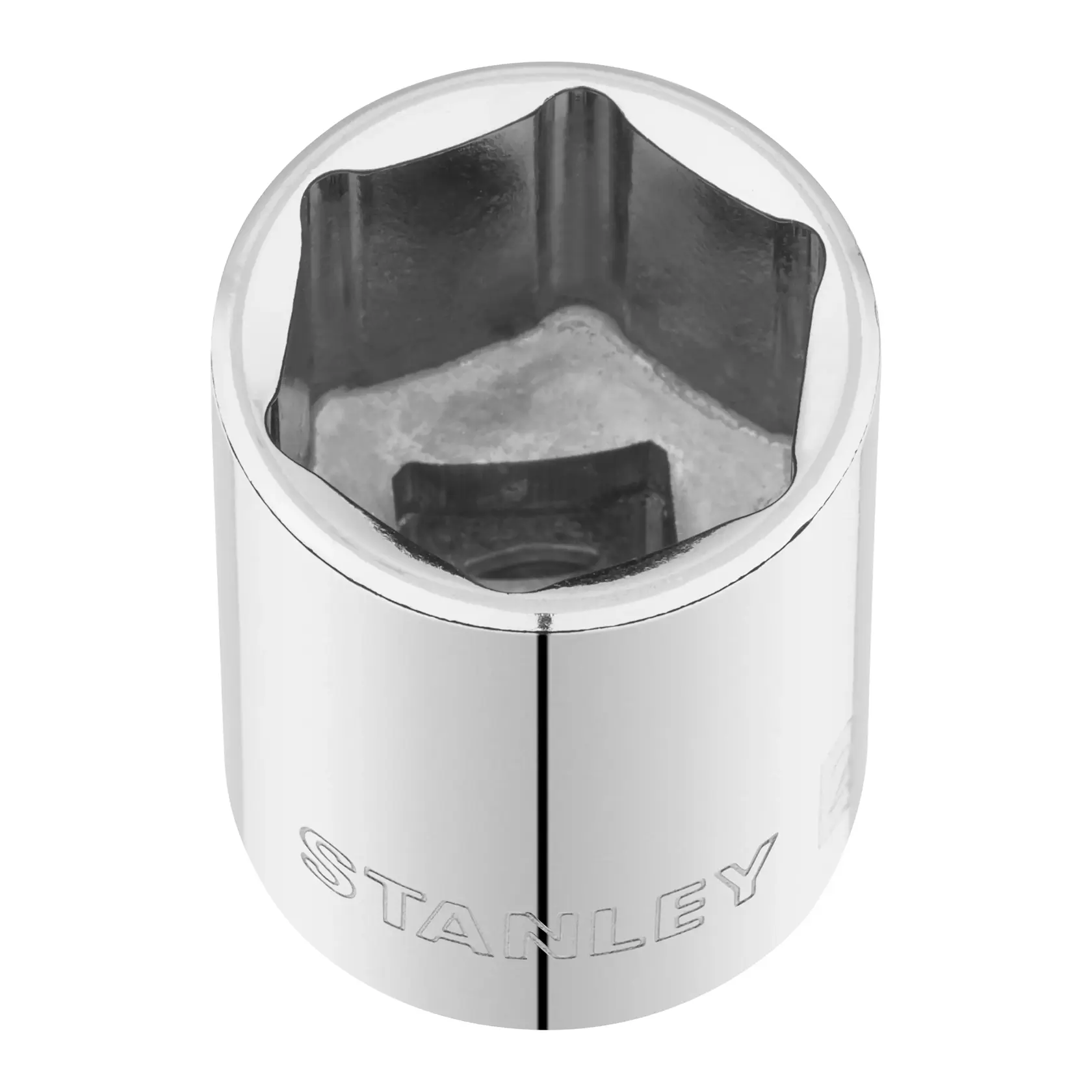 STANLEY STMT86524-0 chrome socket, six-point design, photographed from angled top on white background.