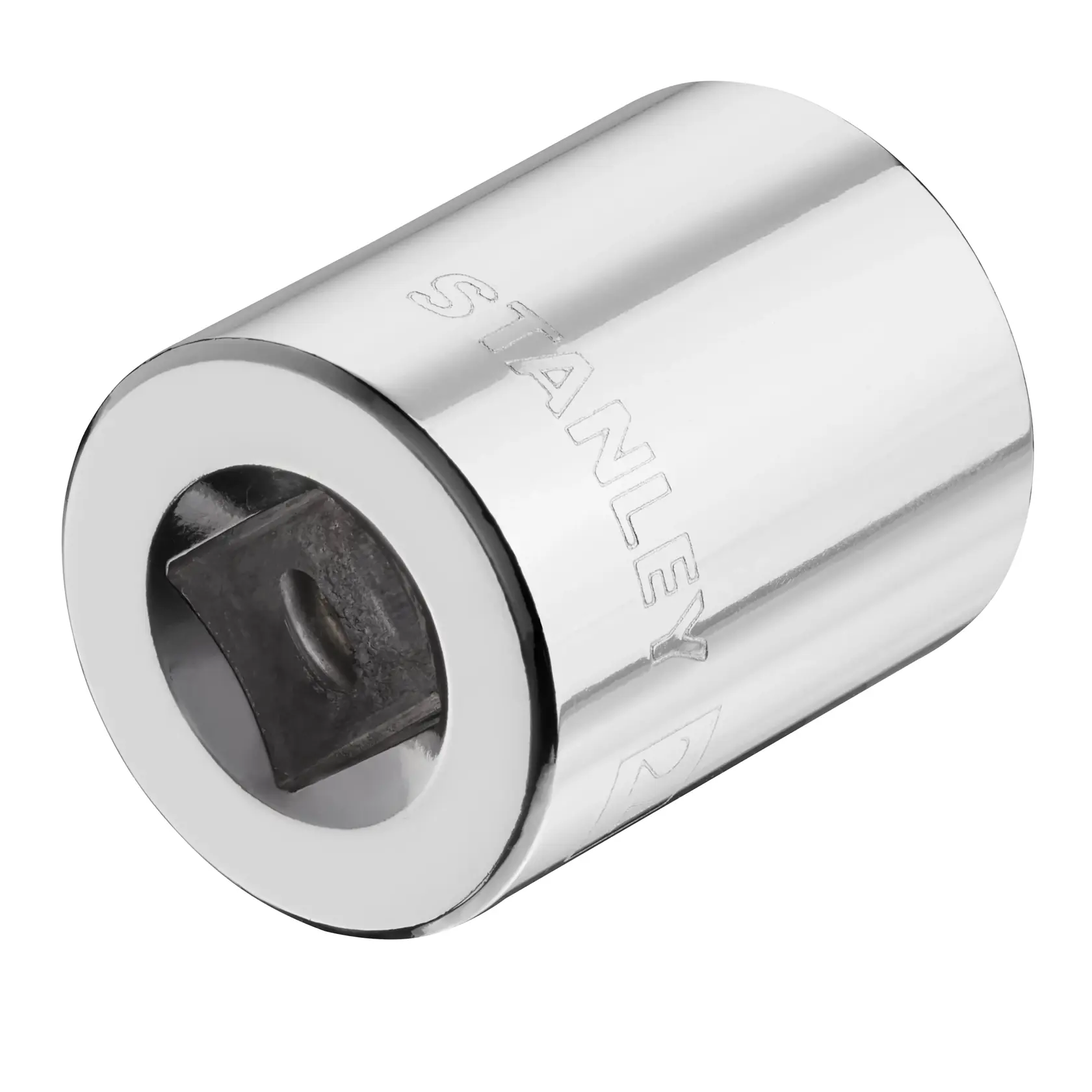 STANLEY STMT86524-0 chrome socket, cylindrical, engraved logo, shown at an angle on a white background.