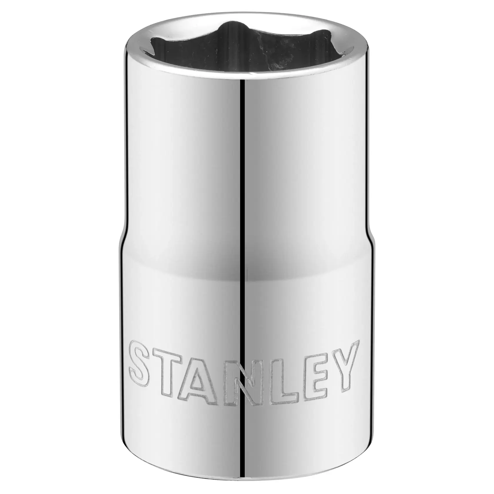 STANLEY STMT88738-0 chrome socket tool, cylindrical design, front angle, white background.