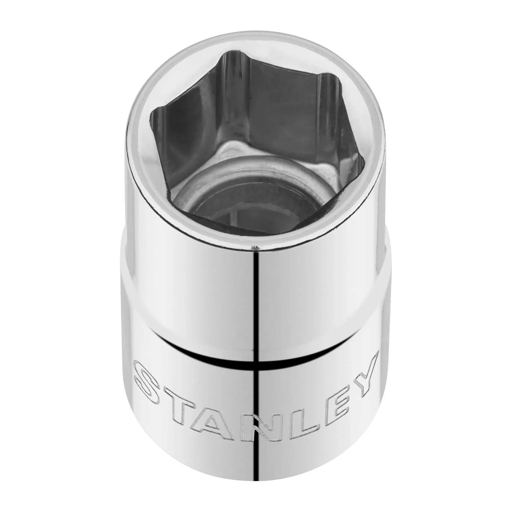 STANLEY STMT88738-0 chrome socket, hex design, close-up on white background.