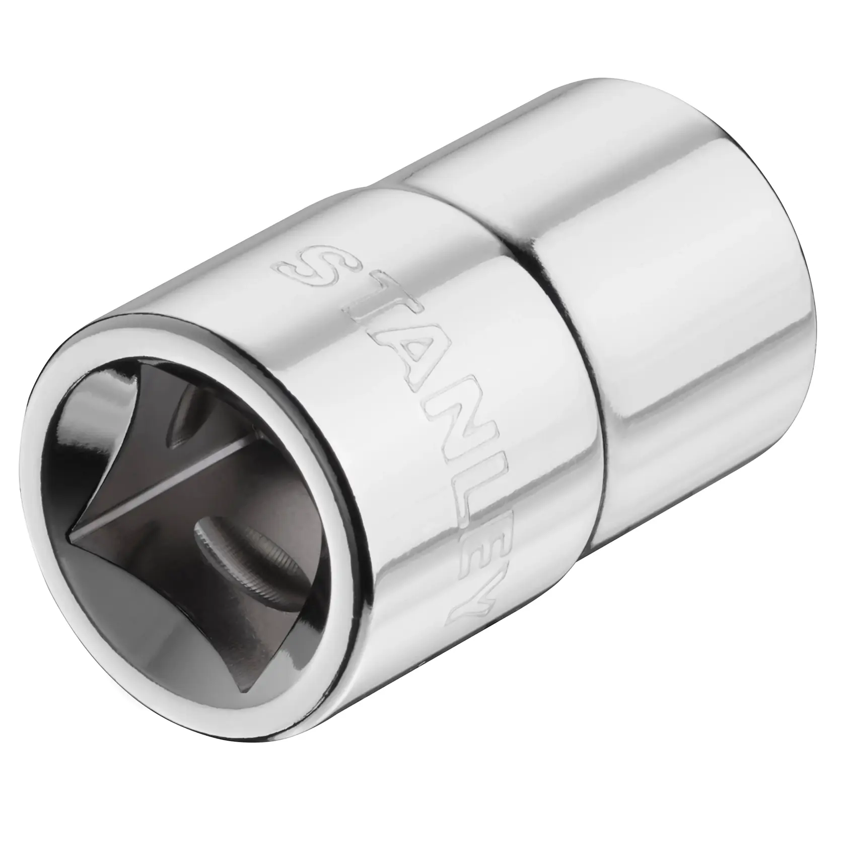 Photo of STANLEY STMT88738-0 chrome socket, tool accessory, angled on white background.