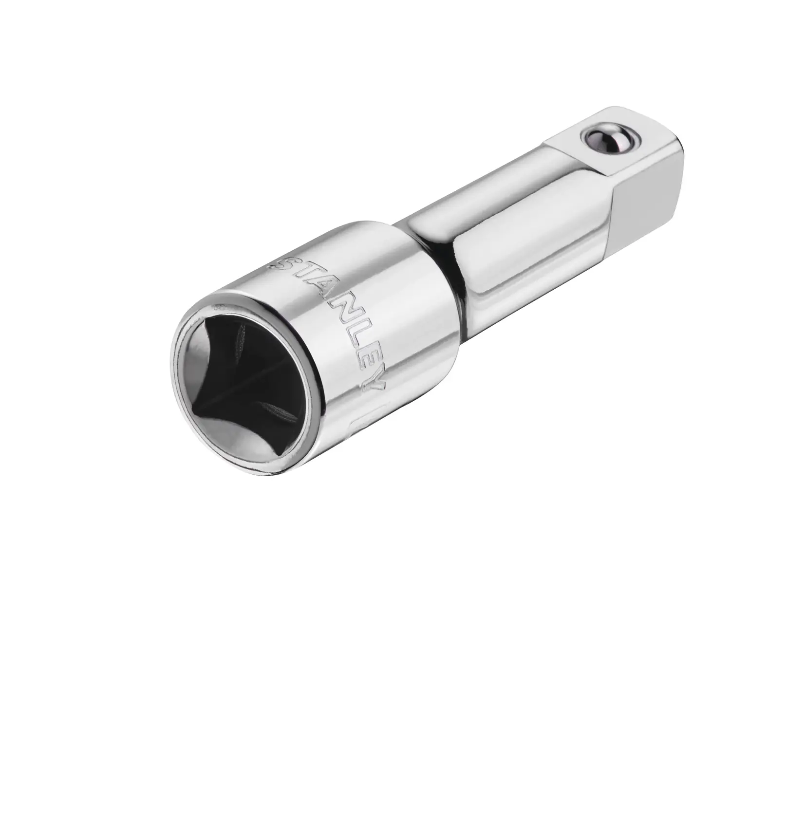 STANLEY STMT88930-0 chrome socket adapter, side angle, photography on white background.