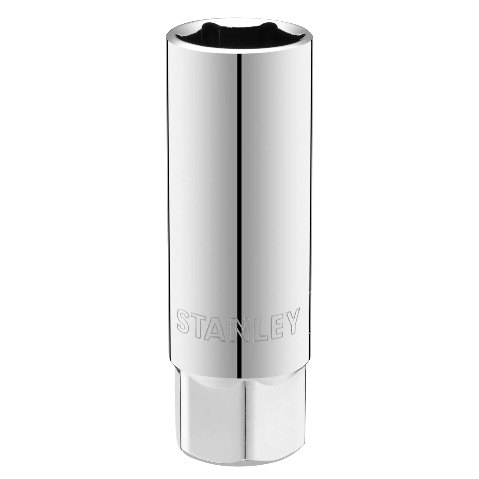 STANLEY STMT88941-0 chrome socket tool front view, cylindrical with engraved brand name.