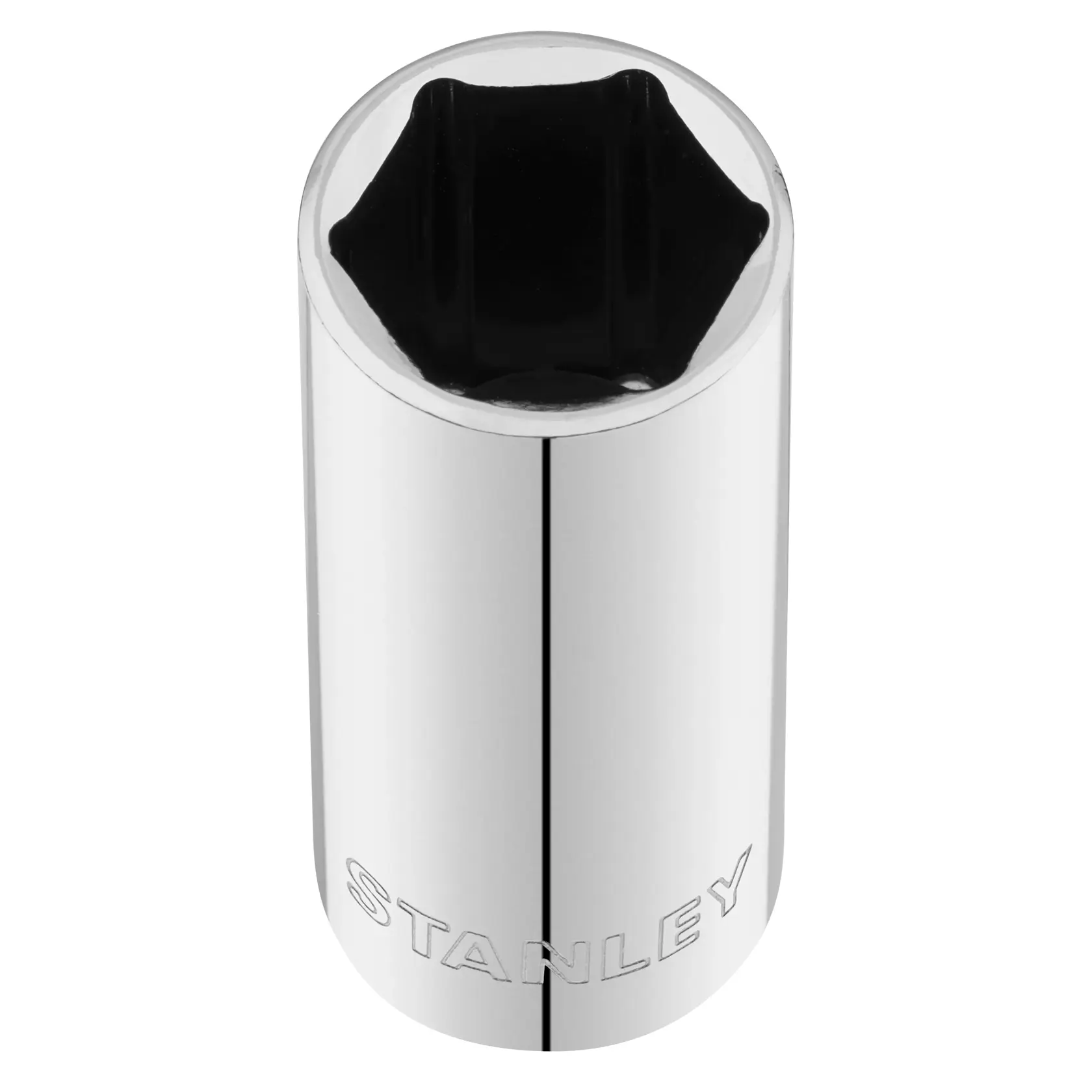 Photo of STANLEY STMT88941-0 chrome socket tool, hex design, upright on white background.