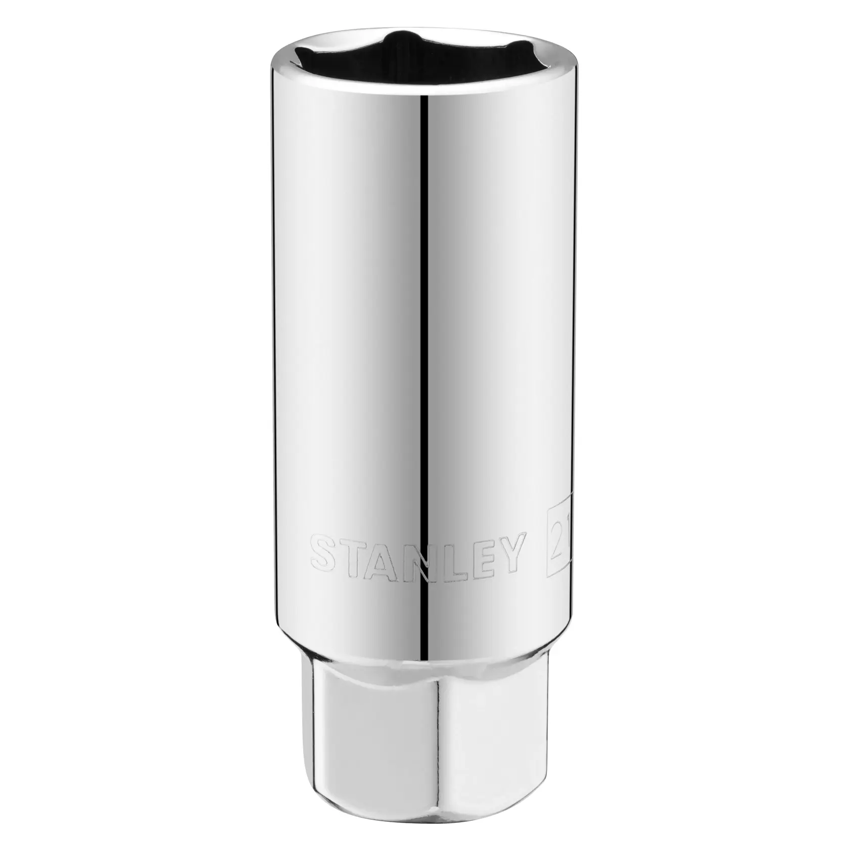 Photo of STANLEY STMT88942-0 chrome deep socket tool, front angle on white background.
