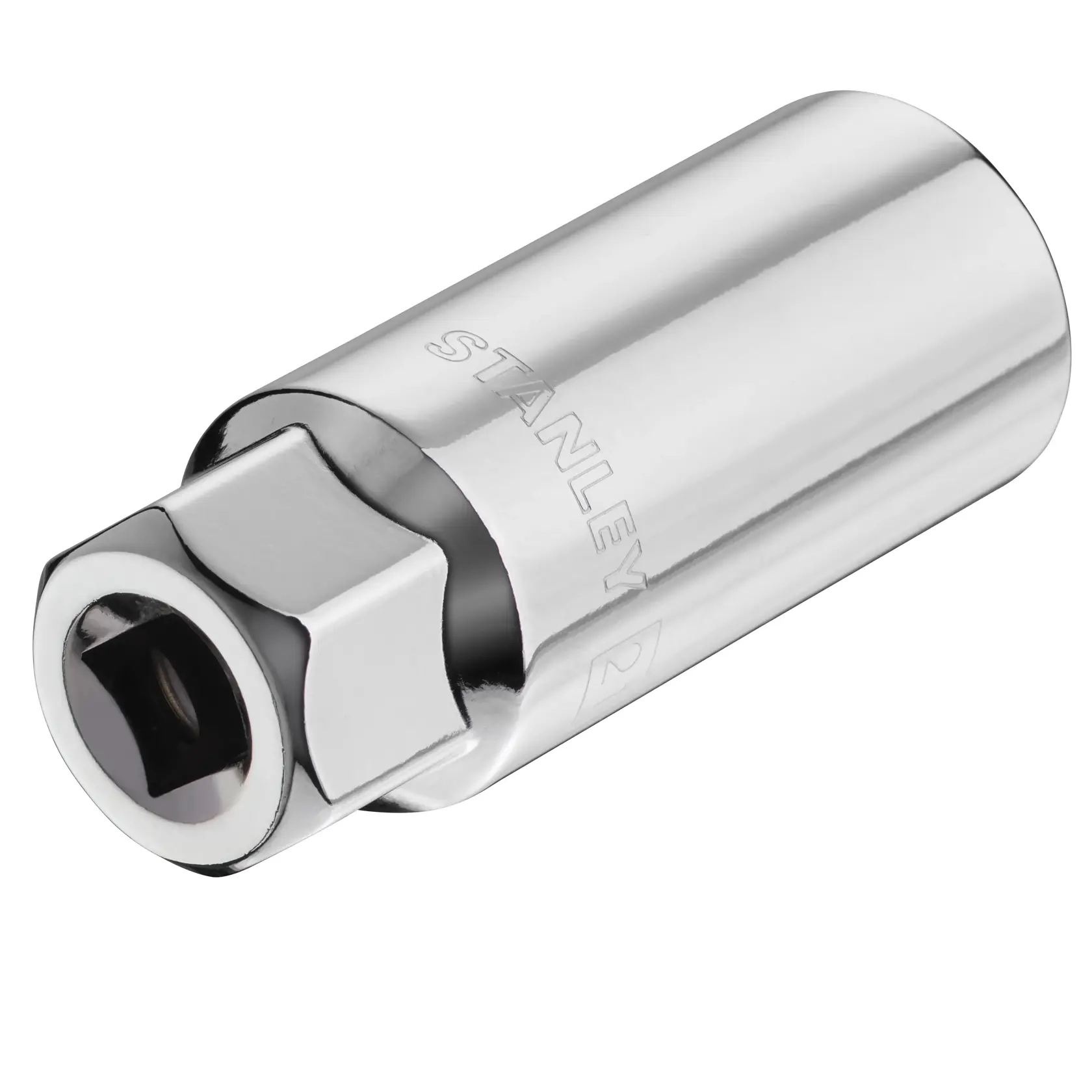 Photo of STANLEY STMT88942-0 chrome socket, cylindrical design, clear side view on white background.