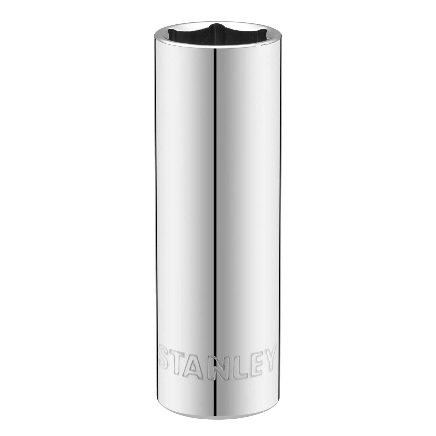 STANLEY STMT88993-0 chrome deep socket, cylindrical tool with embossed logo, front angle on white background.