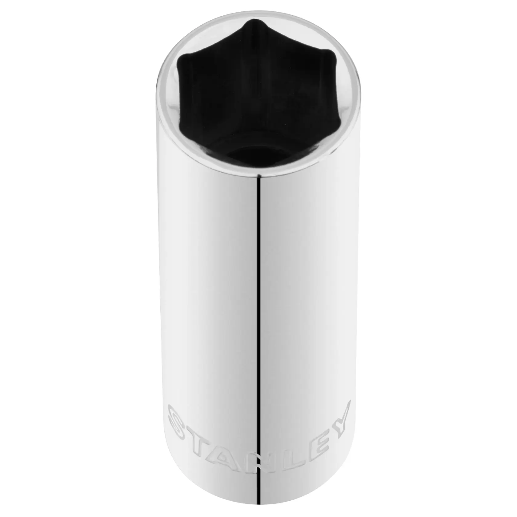 Photo of STANLEY STMT88993-0 chrome deep socket tool, six-point, vertical angle.